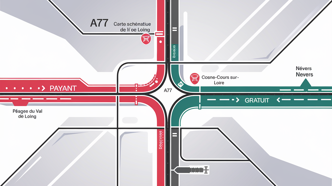 Carte schématique des sections payantes et gratuites de l'A77