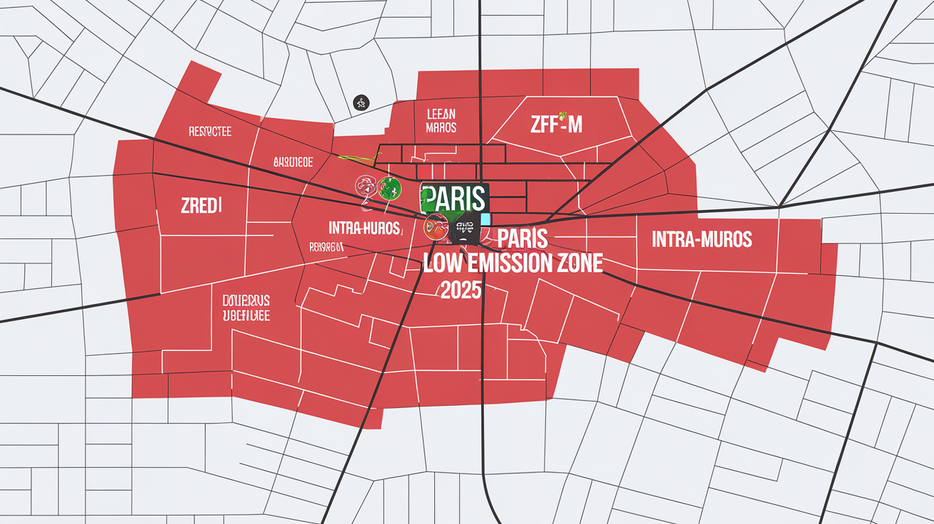 Carte simplifiée de la ZFE-m du Grand Paris avec zones rouges et vertes.