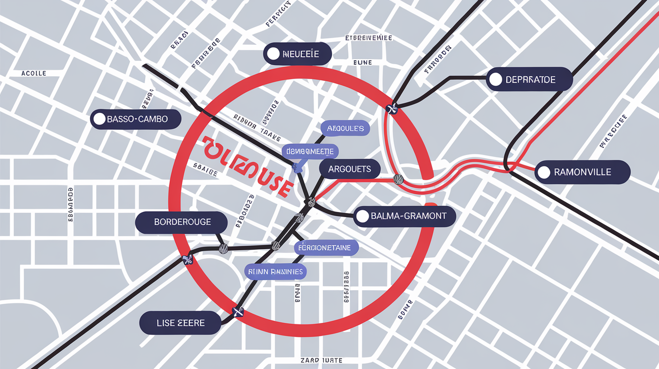 Carte schématique ZFE Toulouse – intérieur rocade avec points stratégiques