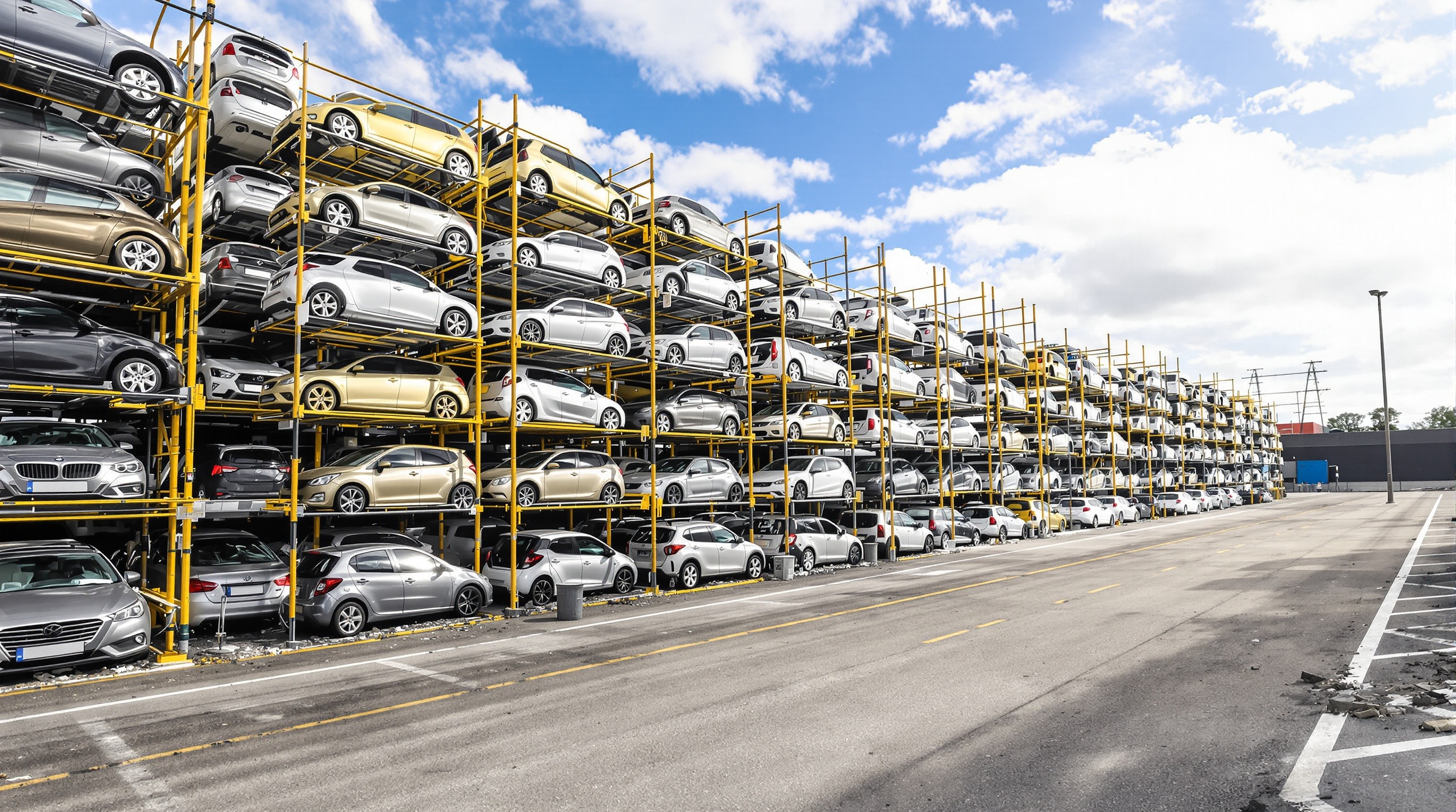 casse automobile moderne, piles de voitures prêtes au recyclage, atmosphère propre et organisée