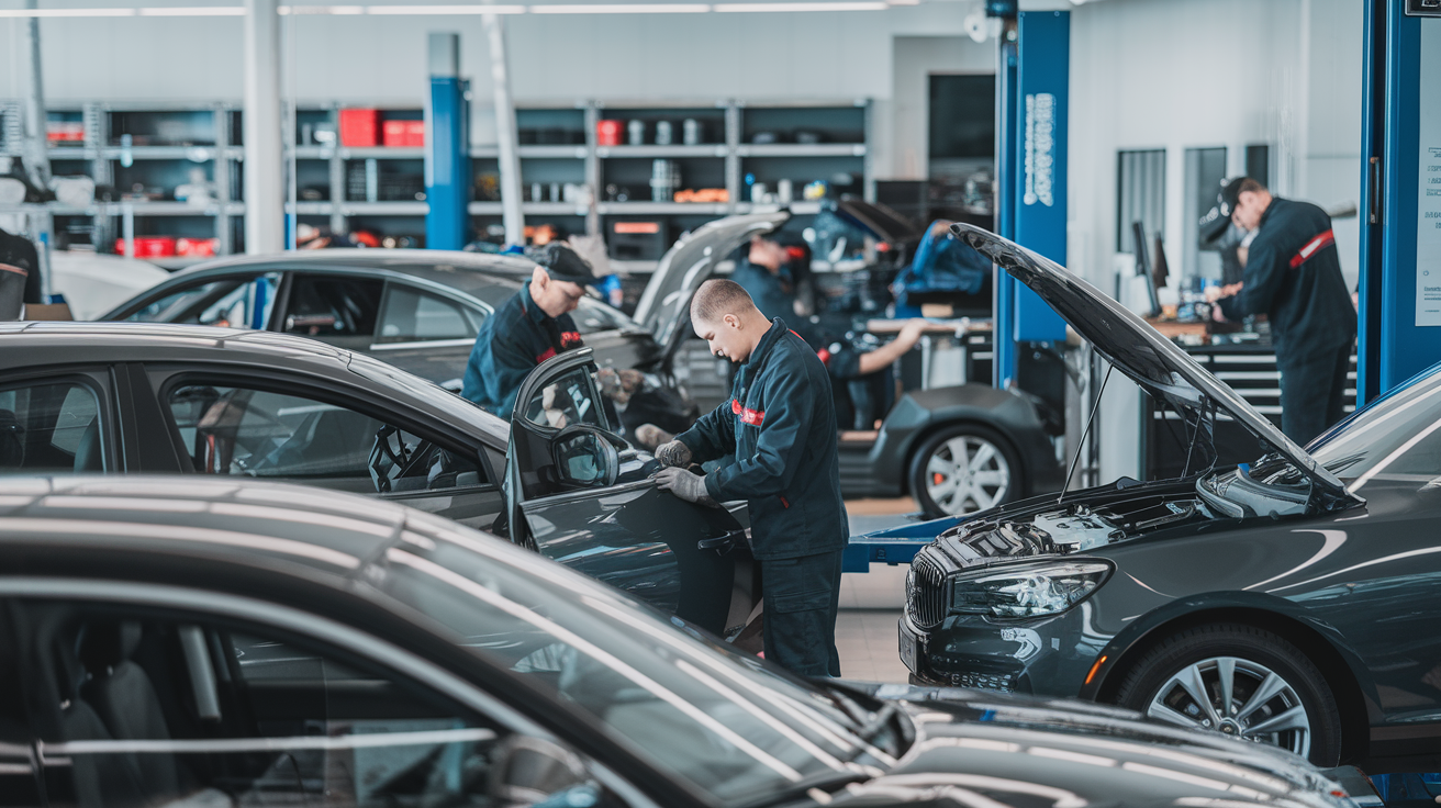 Un centre auto moderne avec des techniciens réalisant une révision express sur plusieurs voitures.