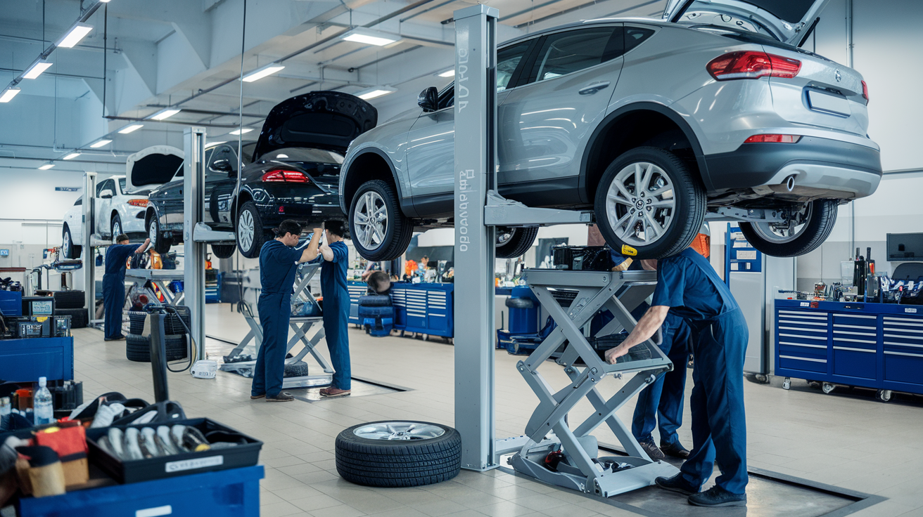 Centre auto moderne avec des techniciens travaillant sur des voitures