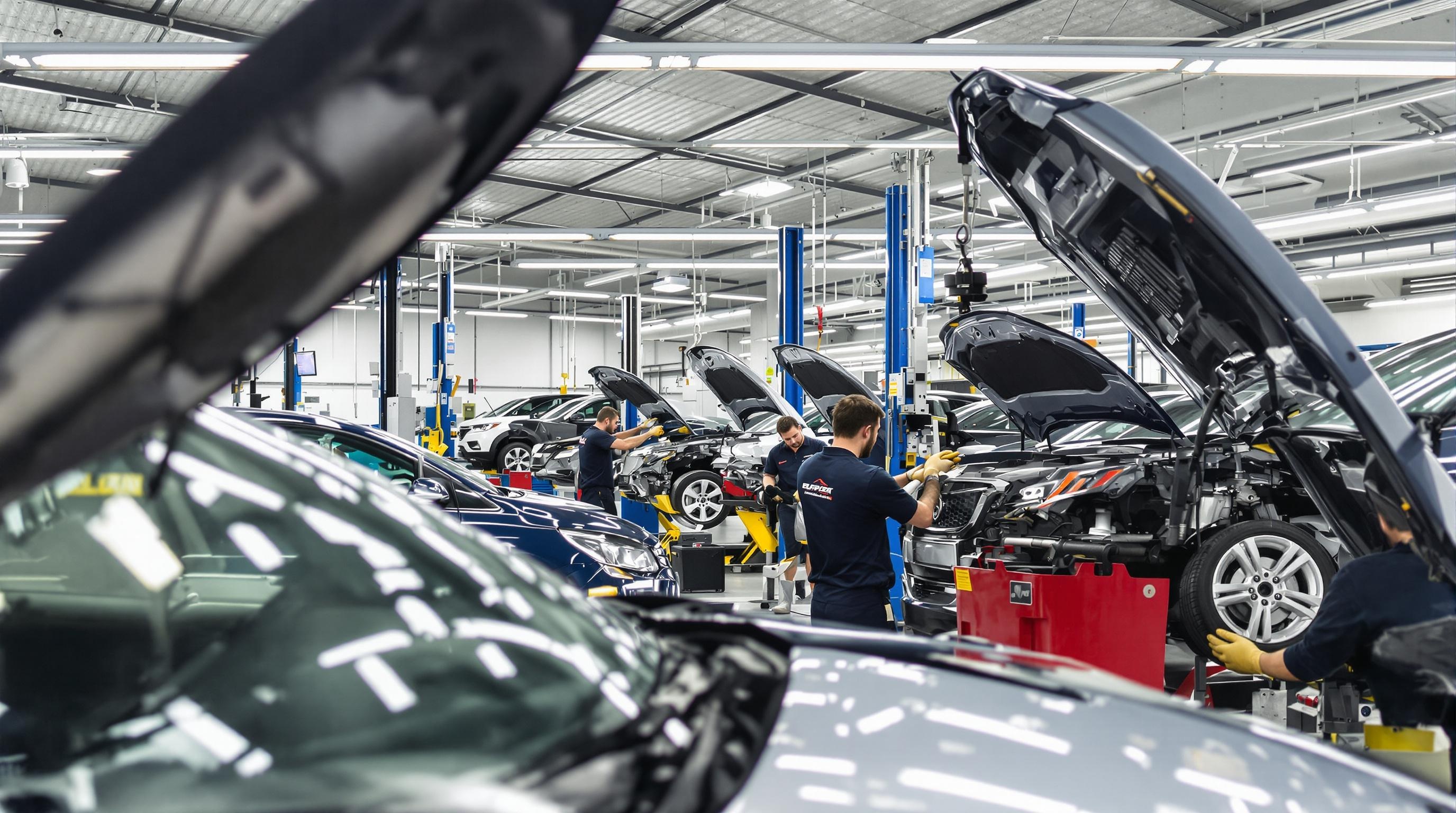 Un centre auto typique avec des techniciens travaillant sur des voitures dans un environnement moderne et propre.