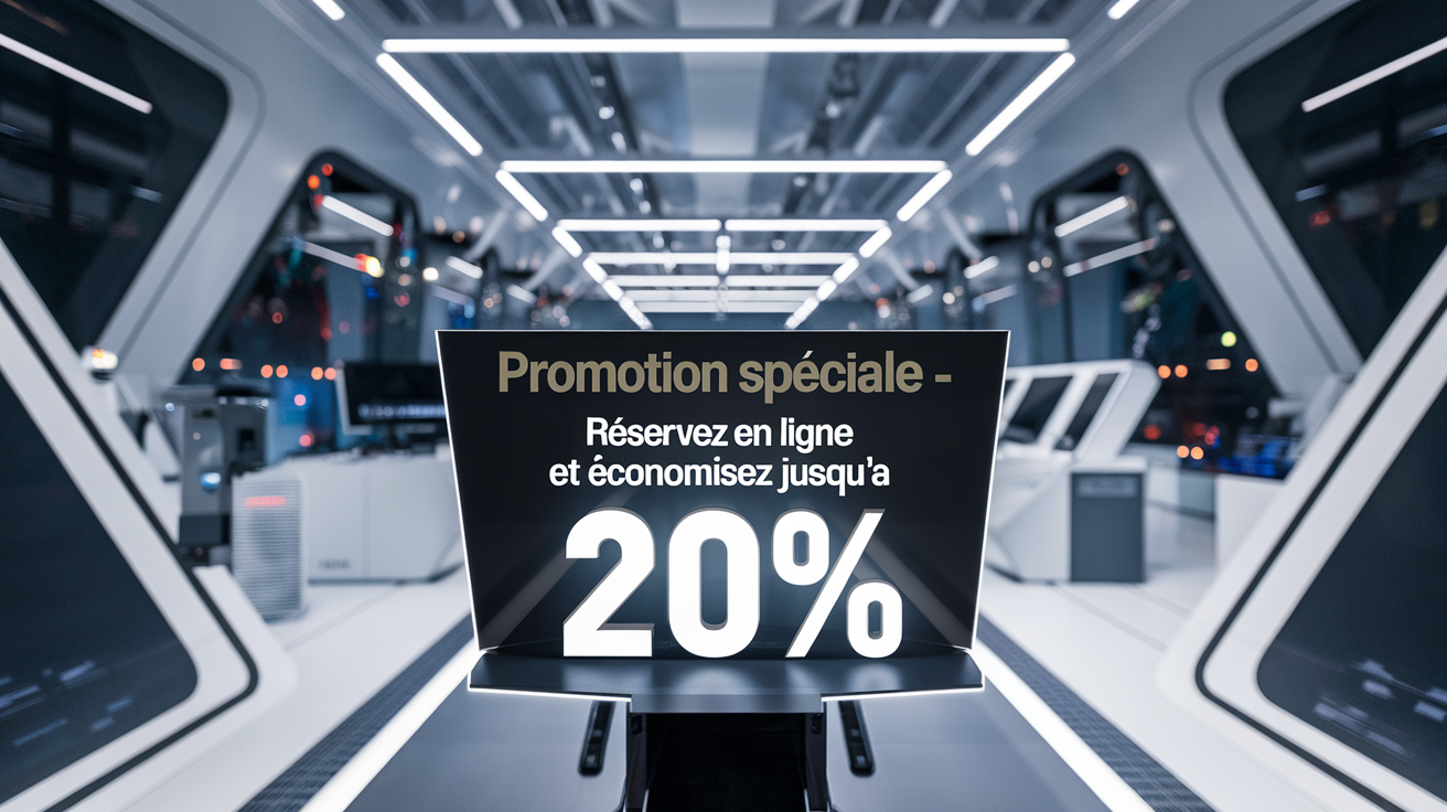 Un centre de contrôle technique moderne avec un panneau indiquant 'Promotion spéciale - Réservez en ligne et économisez jusqu'à 20%'
