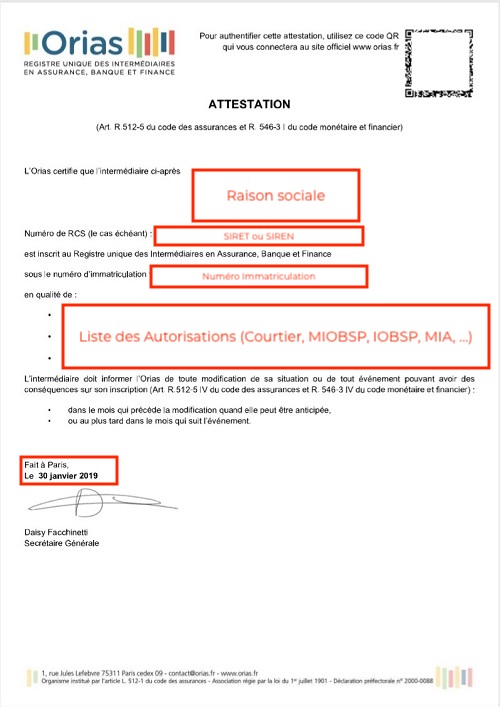 Certificat ORIAS pour un courtier