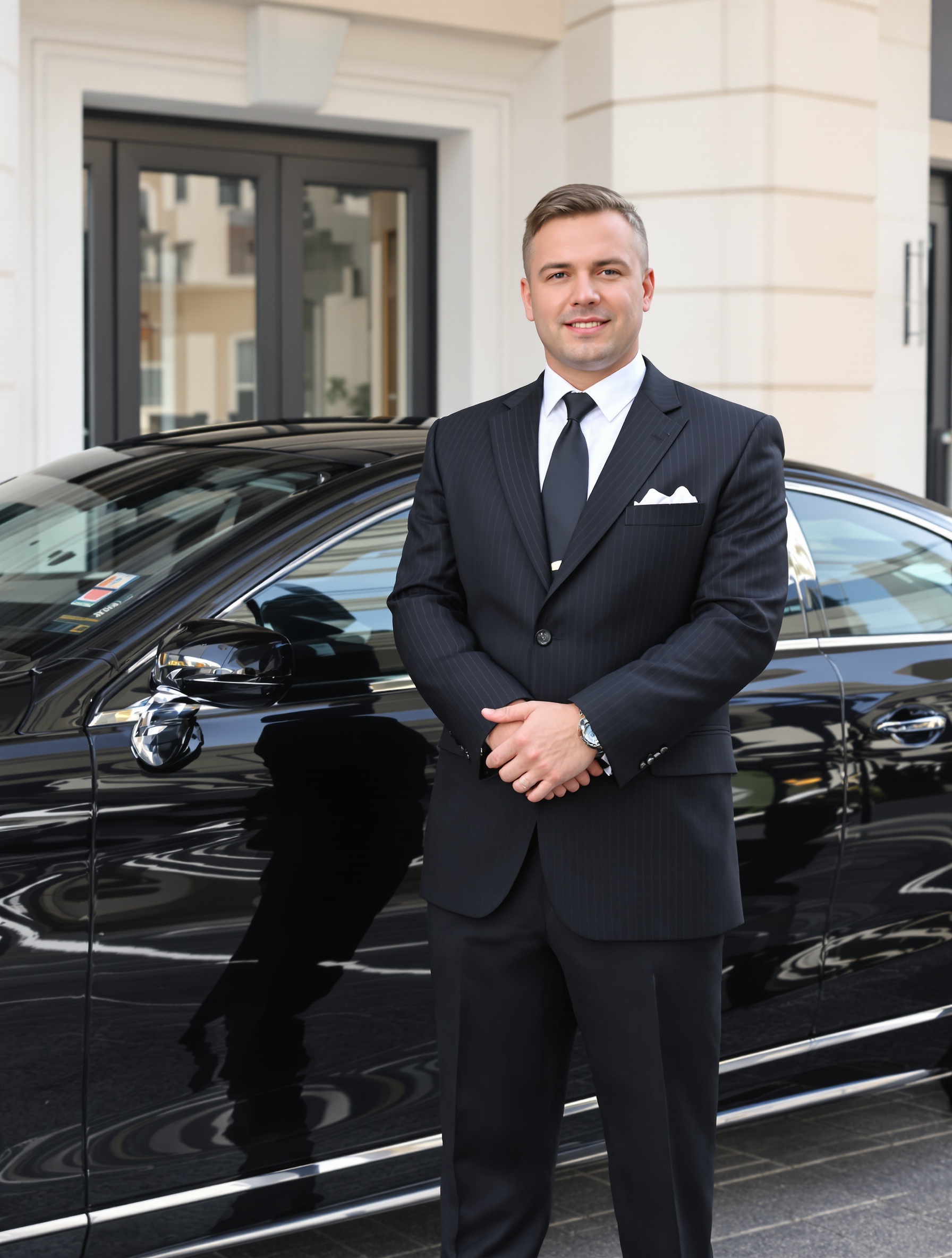 Chauffeur de direction professionnel en costume sombre debout discrètement à côté d'une berline noire