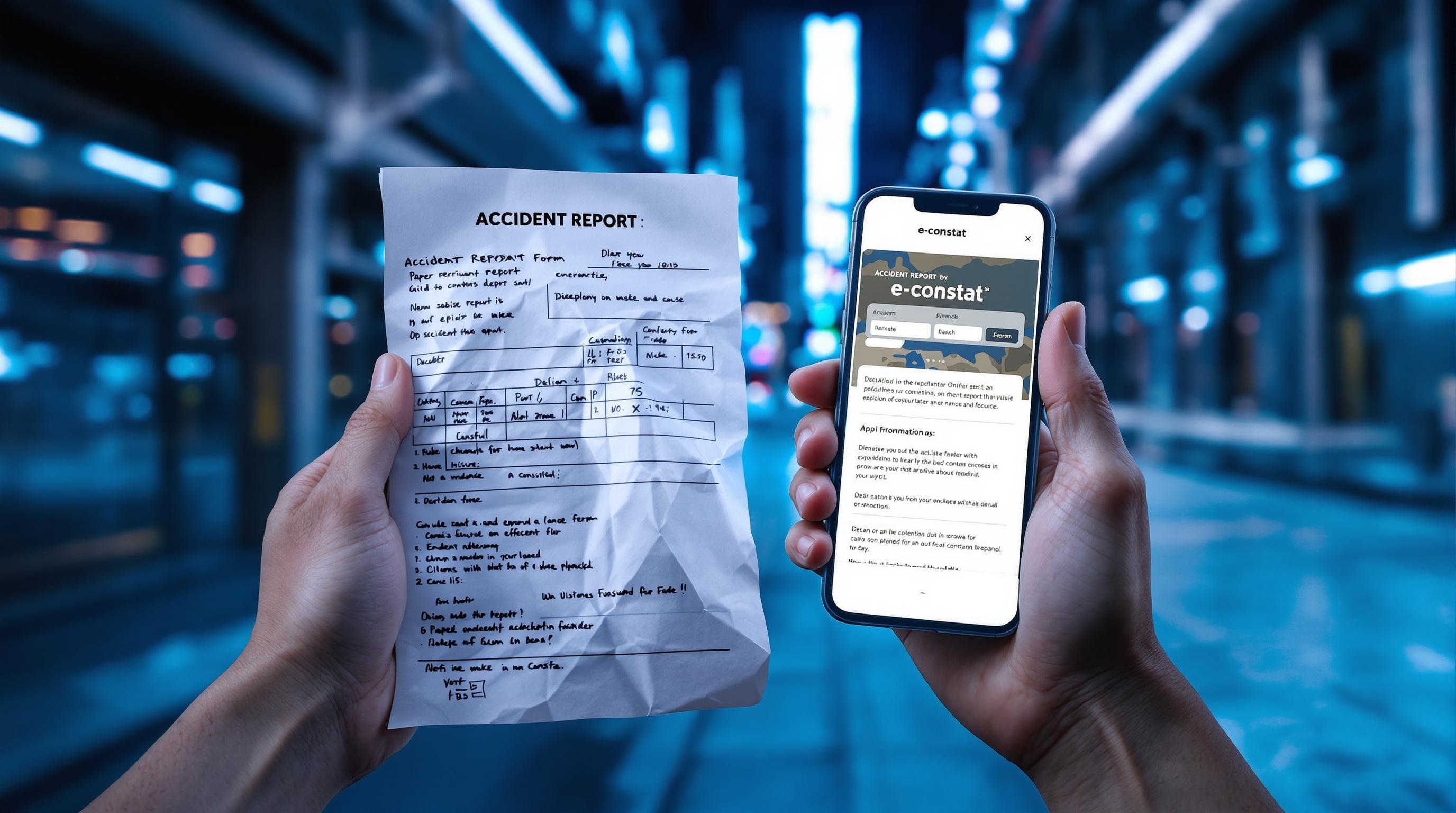 Comparatif entre constat papier froissé et application e-constat sur smartphone