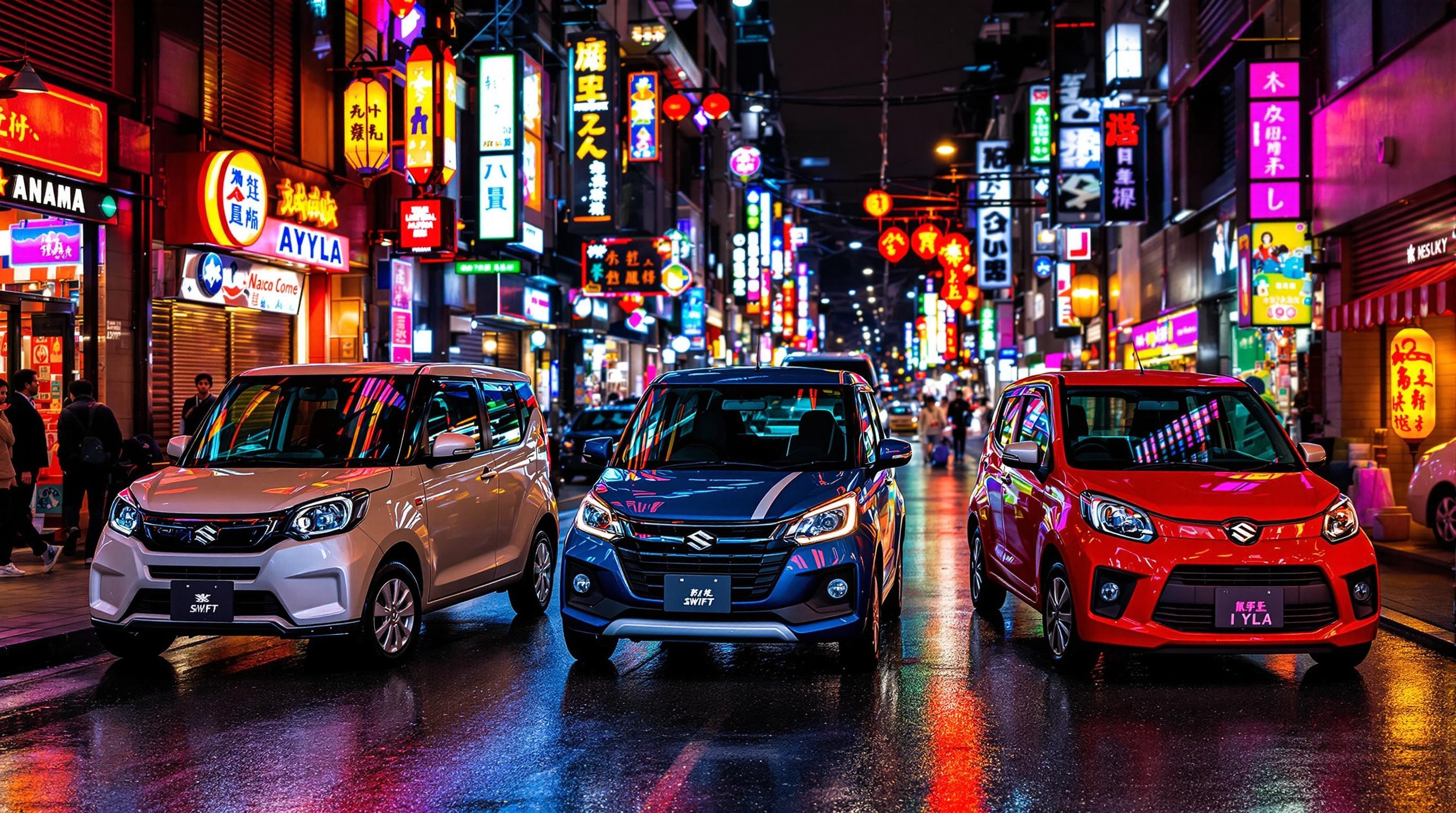 Citadines japonaises Honda N-Box, Suzuki Swift et Daihatsu Ayla dans une ruelle de Tokyo la nuit