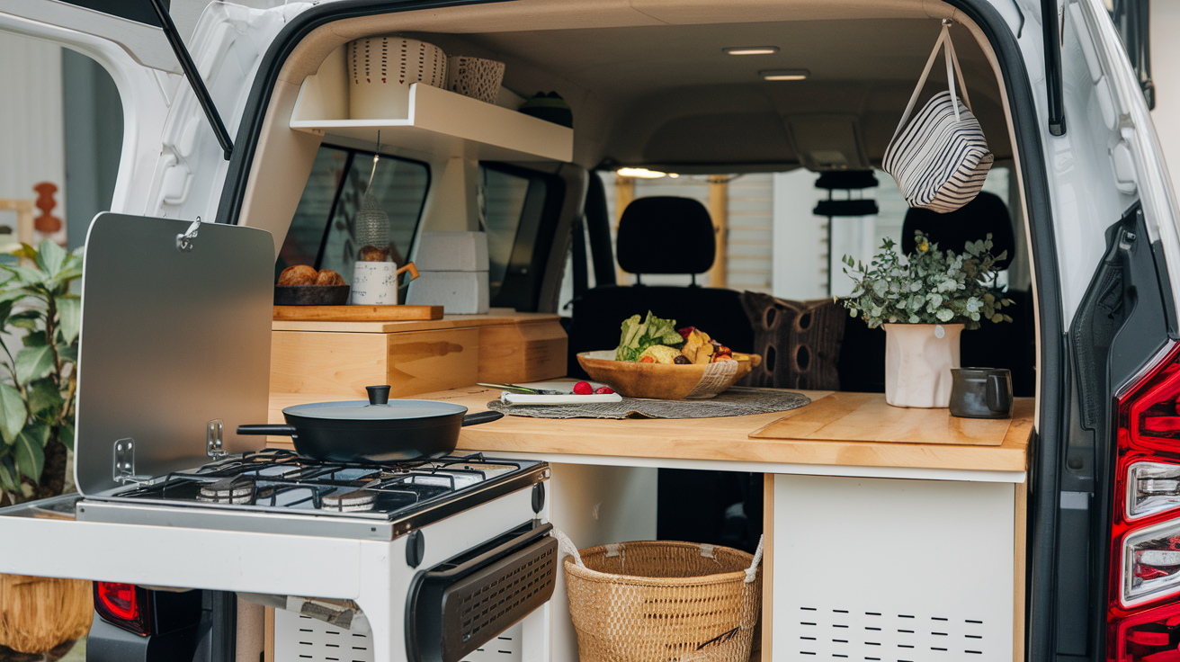 Un Citroën Berlingo aménagé avec des solutions astucieuses pour la cuisine.