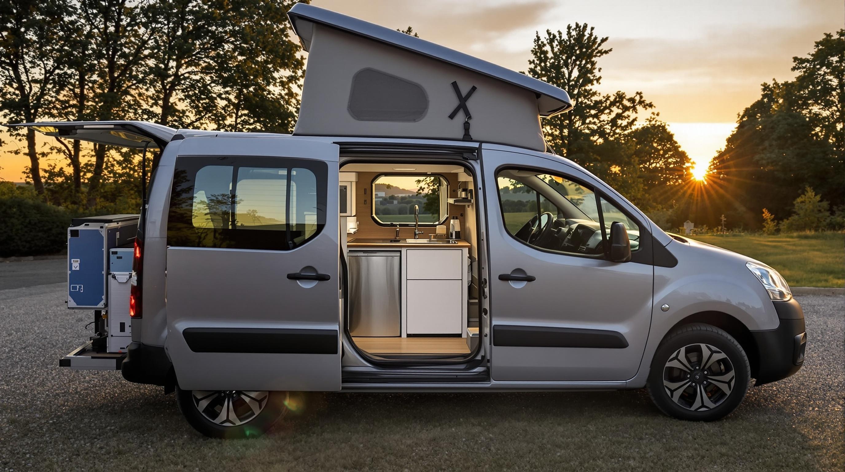 Un Citroën Berlingo aménagé en situation de vanlife.