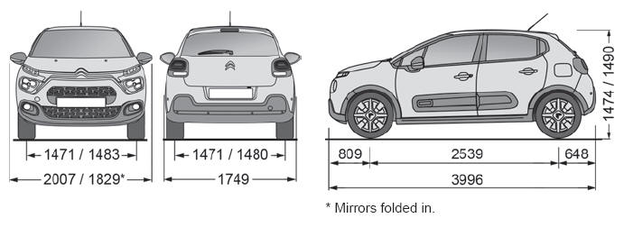 Citroën C3 garée en ville avec annotations sur ses dimensions
