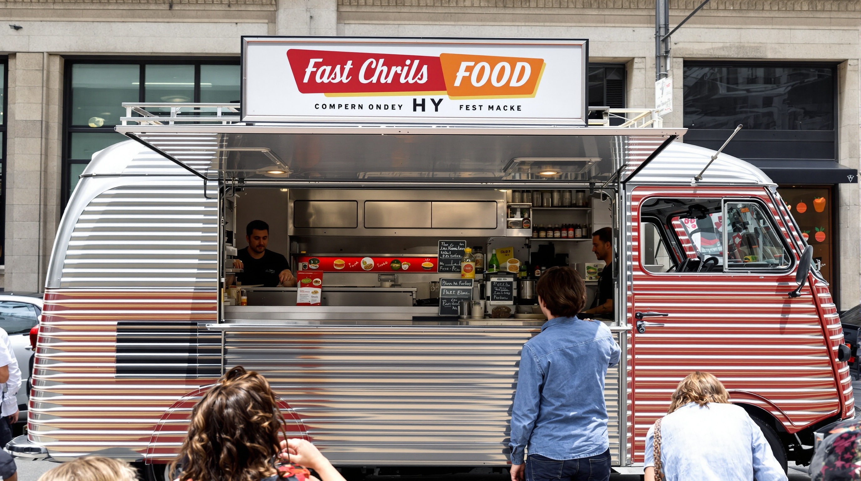 Food truck Citroën HY aménagé, intérieur inox, enseigne rétro, tôle ondulée.