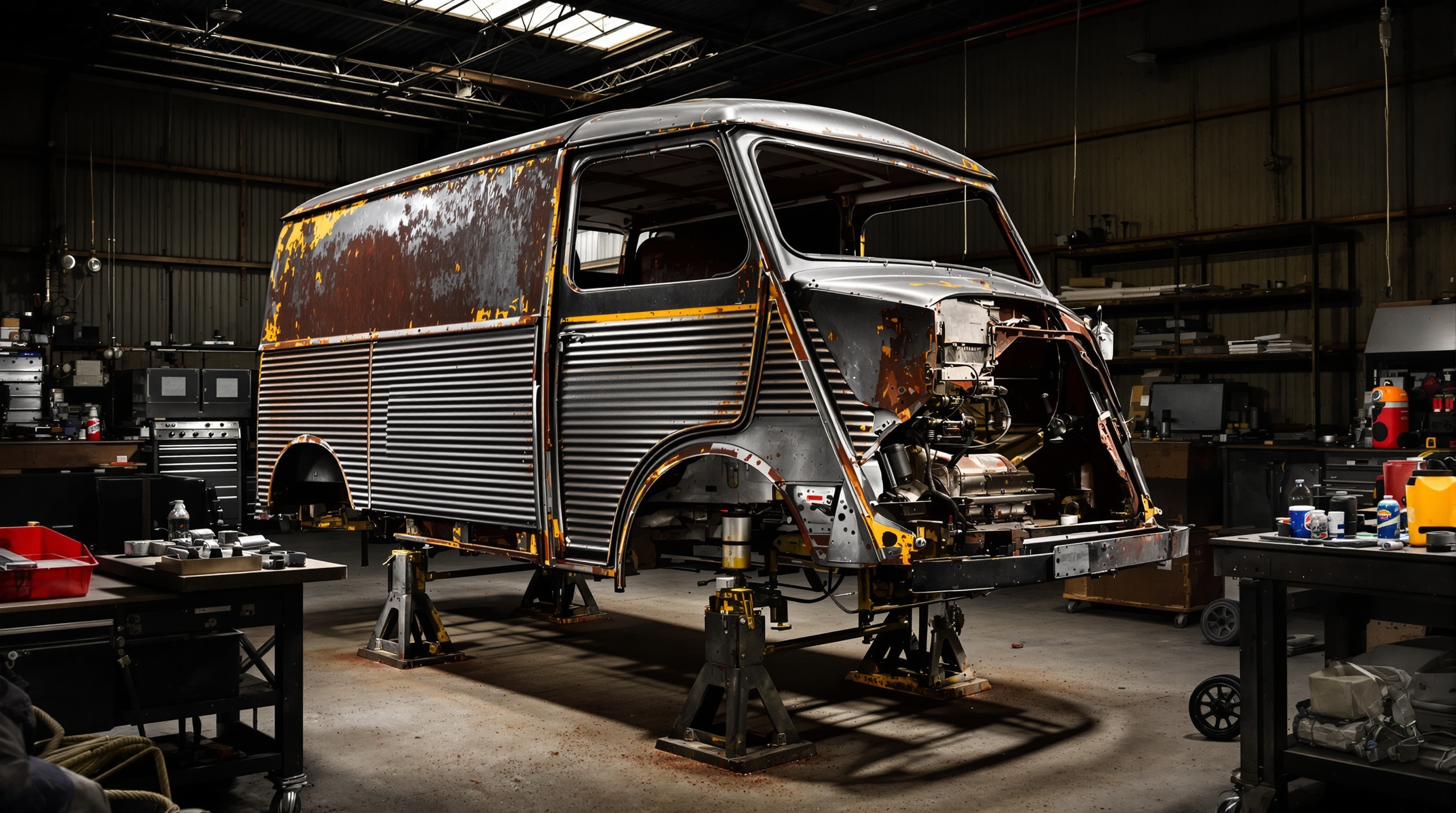 Atelier restauration Citroën HY, châssis nu, traitement anti-rouille.