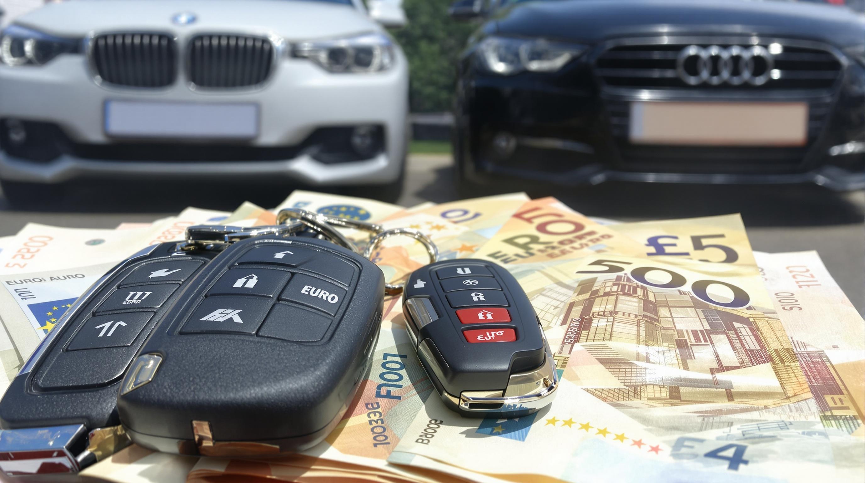 Trois clés de voiture posées sur une pile de billets d'euros, devant une BMW série 3 et une Audi A4, style photo brute import auto Allemagne.