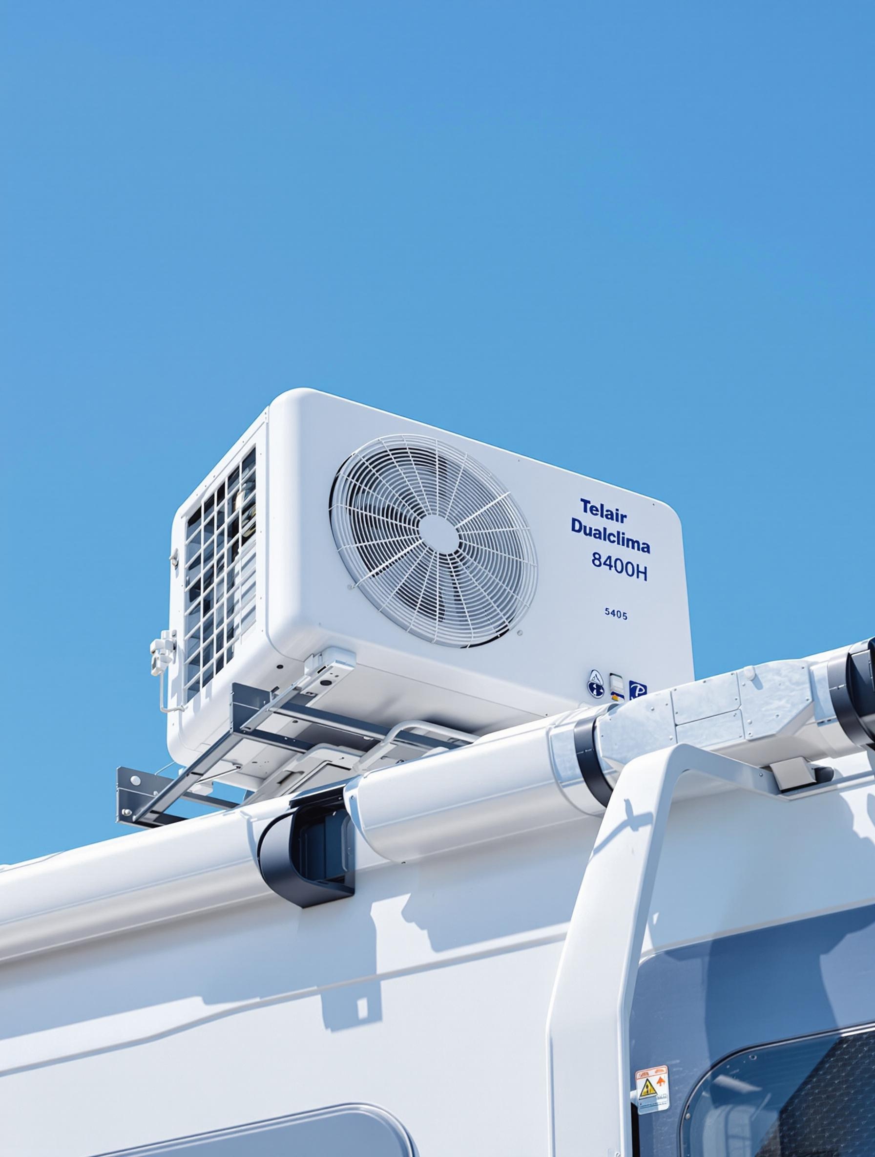 Climatiseur Telair Dualclima 8400H en fonctionnement sur toit de camping-car moderne : pose serrée, carénage robuste et mastic visible sur ciel bleu.