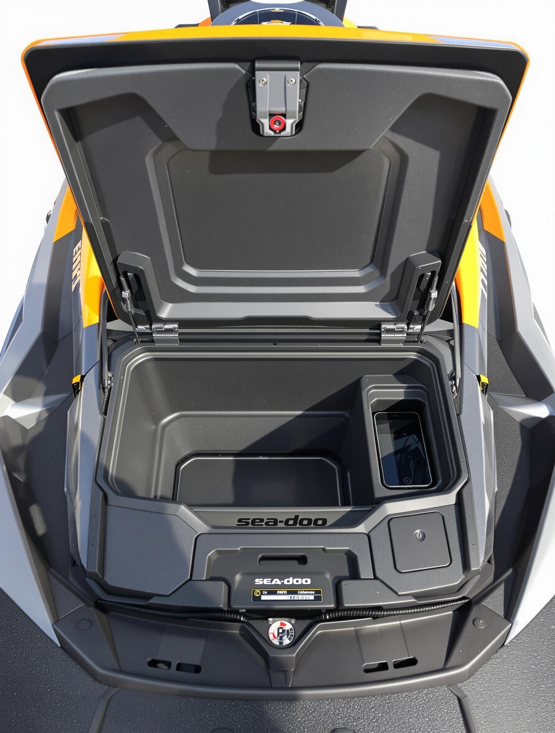 Coffre avant du Sea-Doo GTR 230 ouvert, montrant les compartiments et détails de rangement.