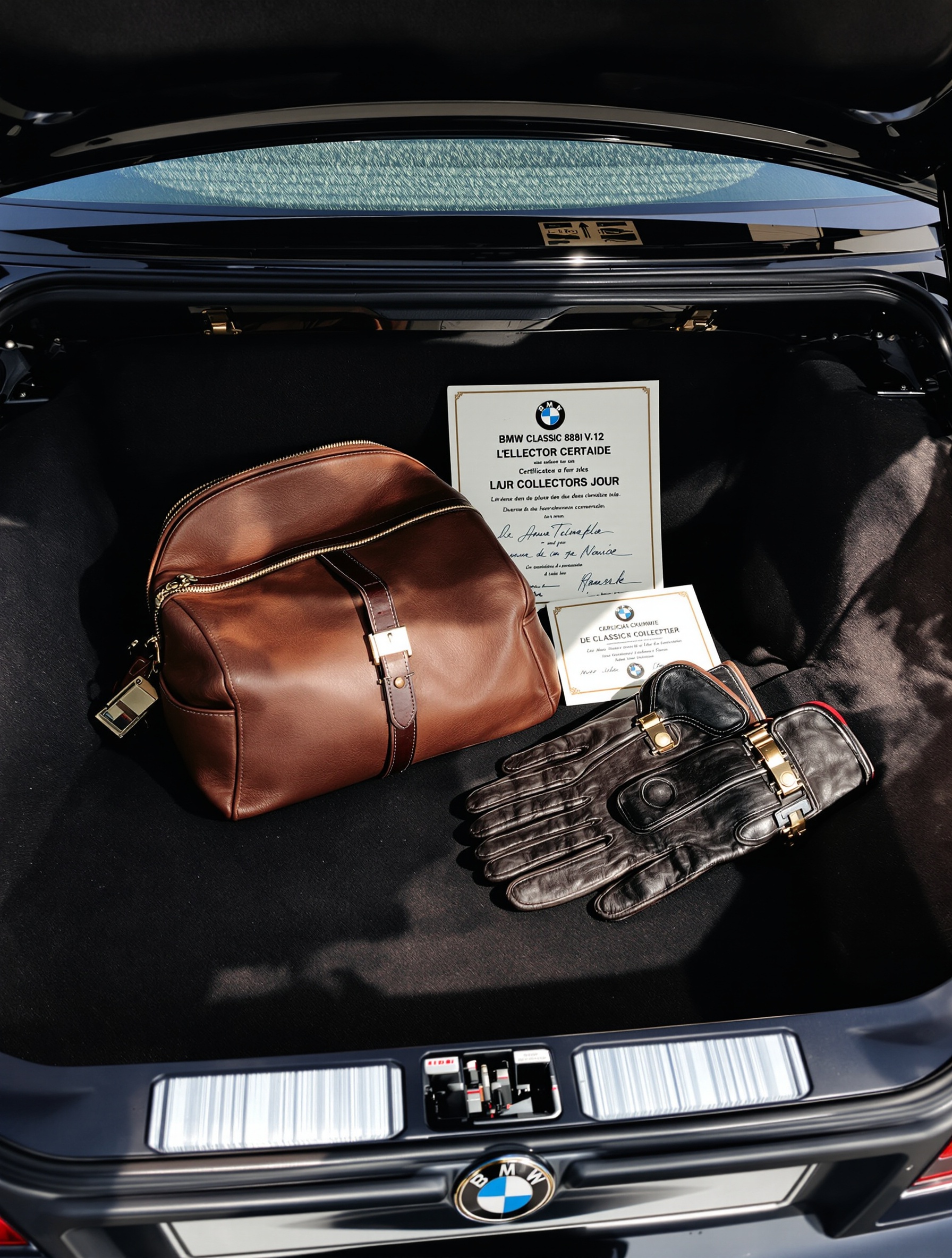 Coffre d'une BMW 850i V12 ouvert, sac en cuir vintage et gants de conduite, certificat de collection, atmosphère authenticité passionné.