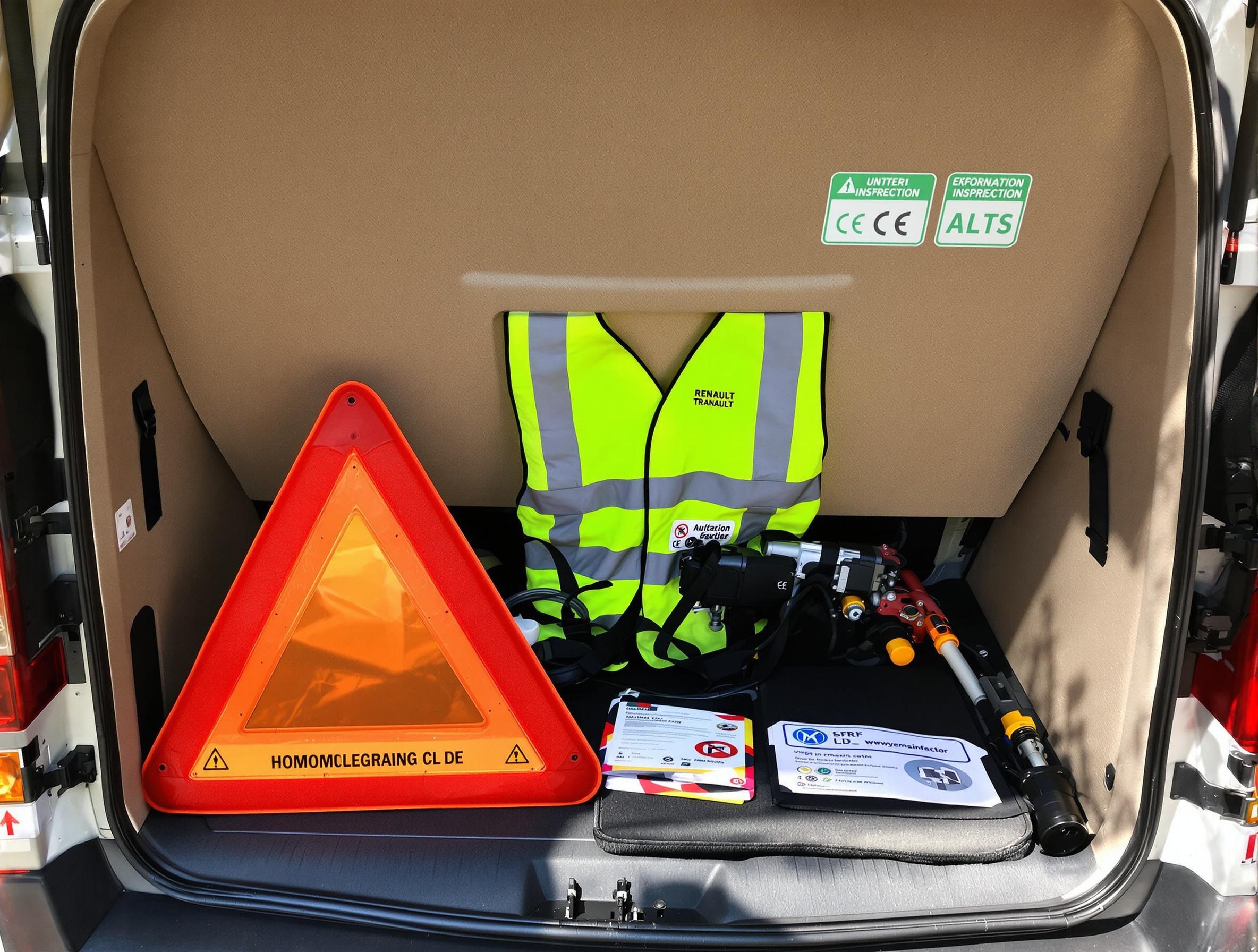 Équipements de sécurité dans le coffre d’un Renault Trafic : triangle, gilet, contrôle technique