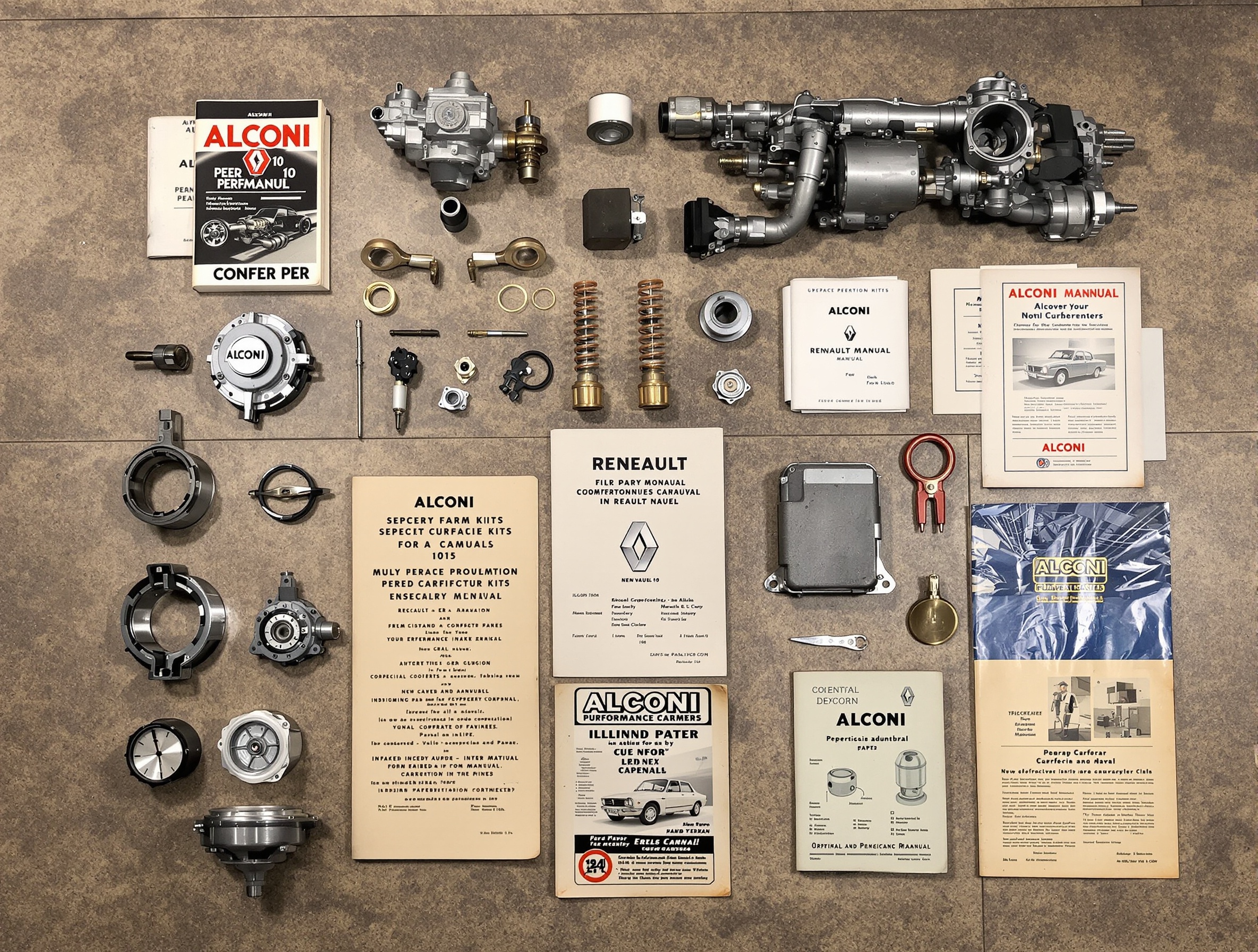Coffret du kit Alconi pour Renault 10, comprenant carburateurs, suspensions et notice technique vintage.
