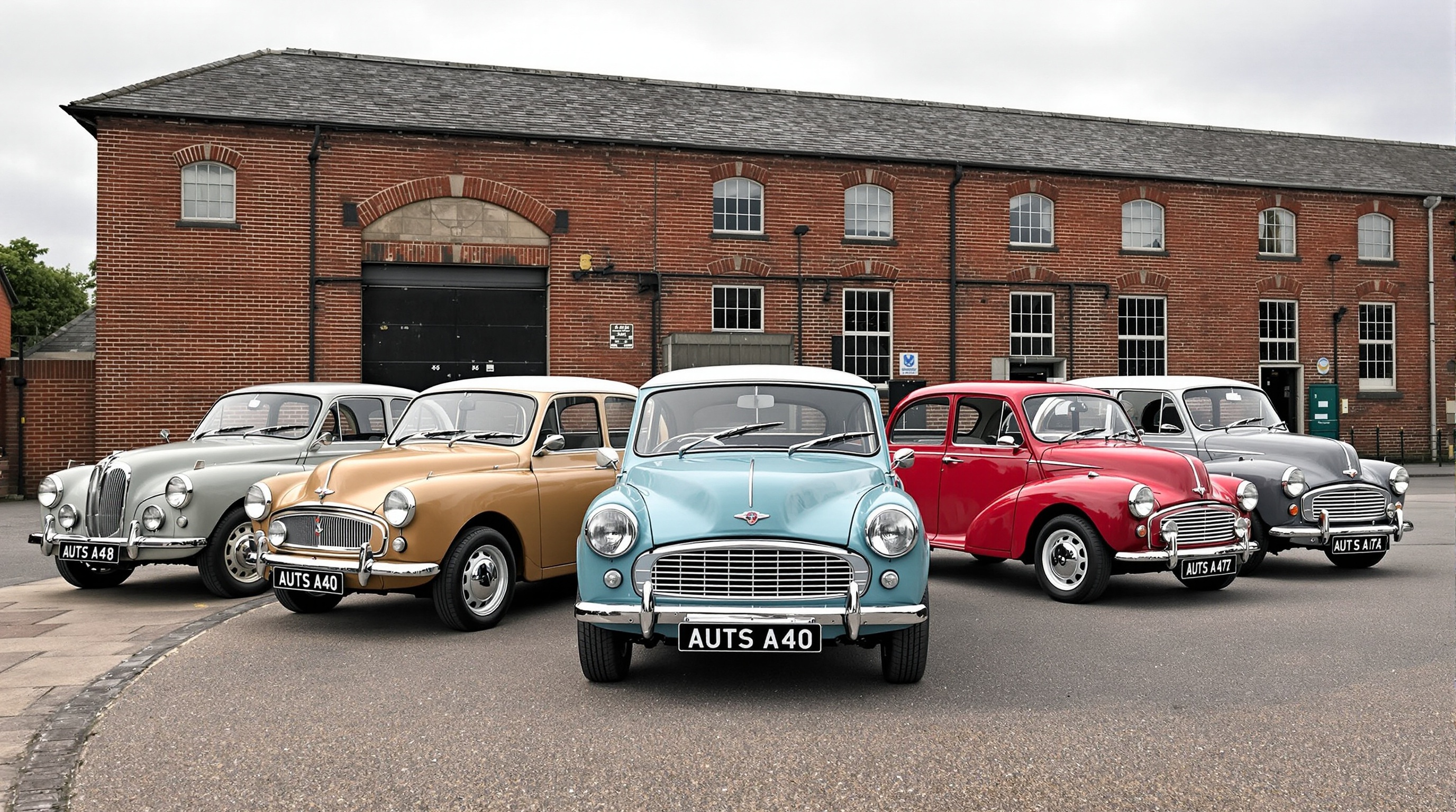 Collection variée de modèles Austin classiques alignés devant l'usine historique de Longbridge : Austin Seven compacte au design épuré; Austin Twelve robuste; A40 Farina profilée; Gipsy tout-terrain rustique; chaque modèle mettant en valeur une étape-clé du génie automobile britannique.