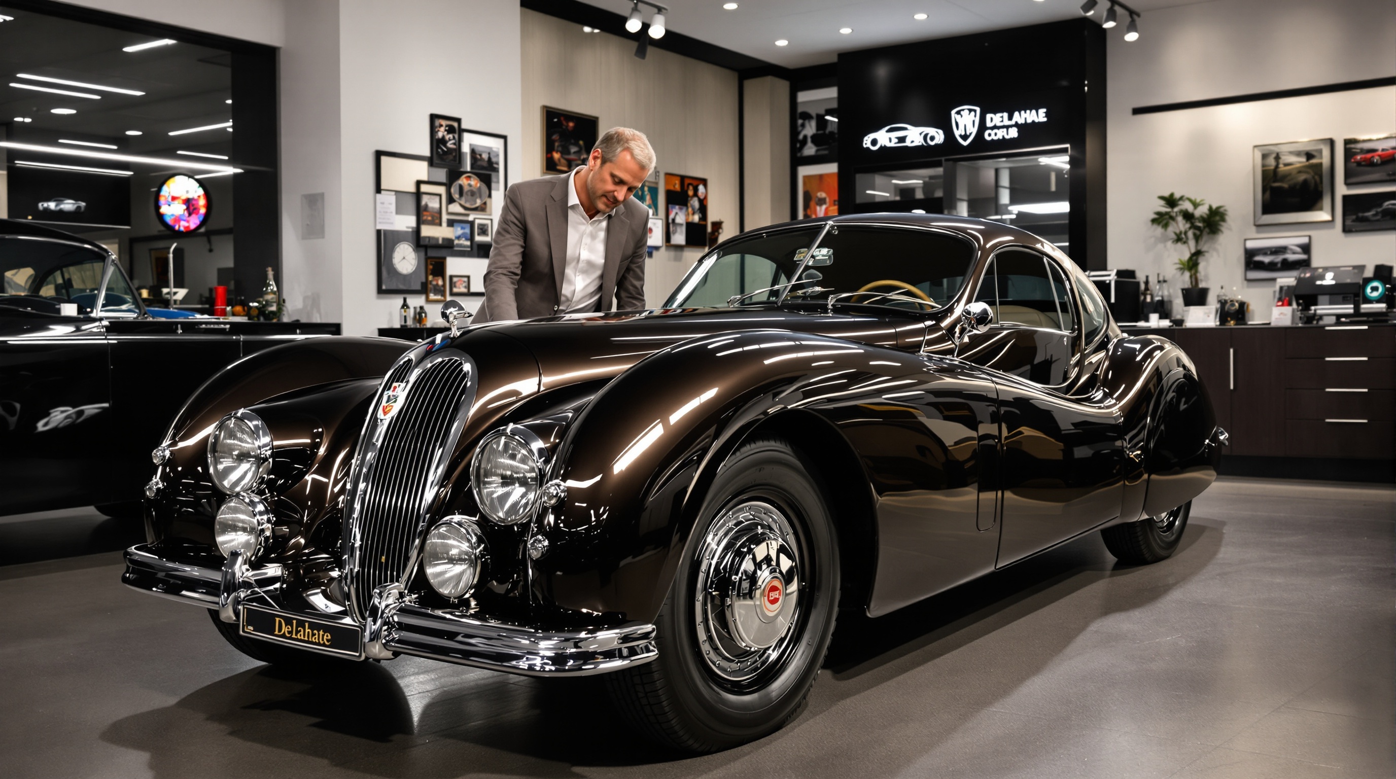 Un collectionneur passionné examinant une Delahaye 135 restaurée dans un garage moderne, ambiance élégante, lumière chaleureuse, détails chromés et carrosserie d'exception en avant-plan.