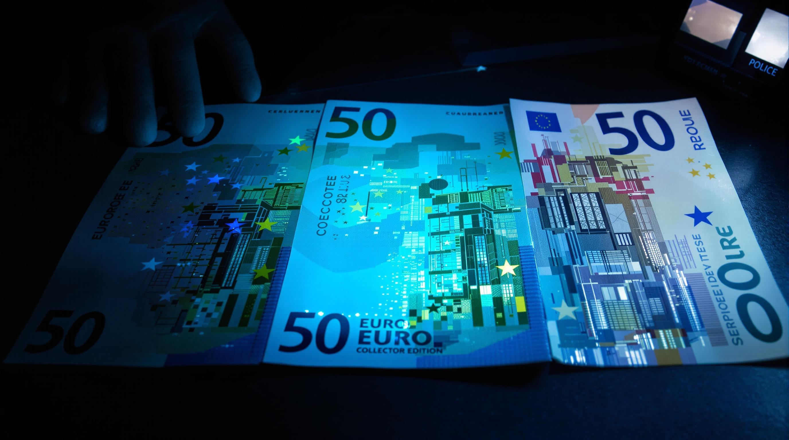 Comparaison entre un billet de 50 euros vrai, faux et collector avec détails de sécurité.