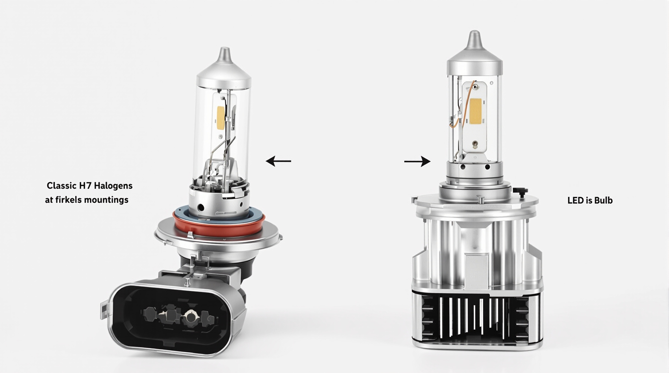 Comparatif visuel ampoule halogène H7 vs LED H7 (culot et refroidissement)