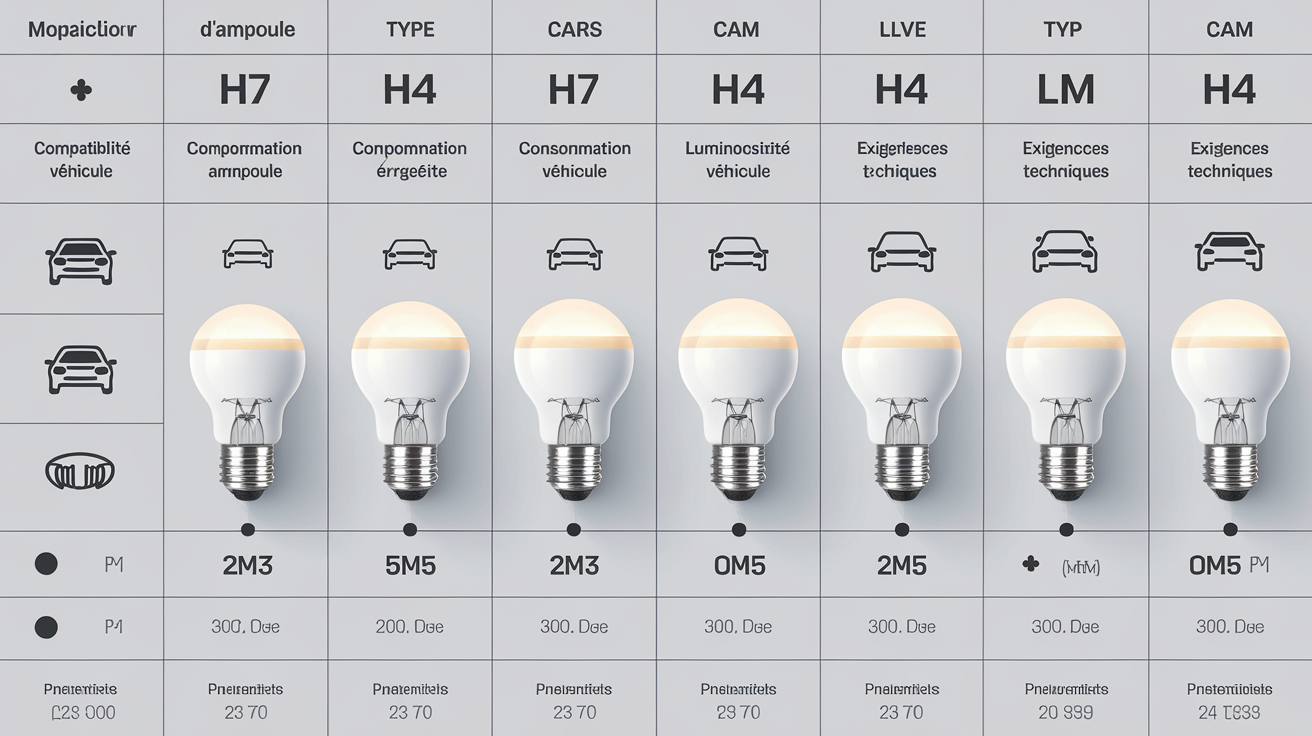 Tableau comparatif des compatibilités techniques pour les ampoules LED H7, H4 et autres modèles