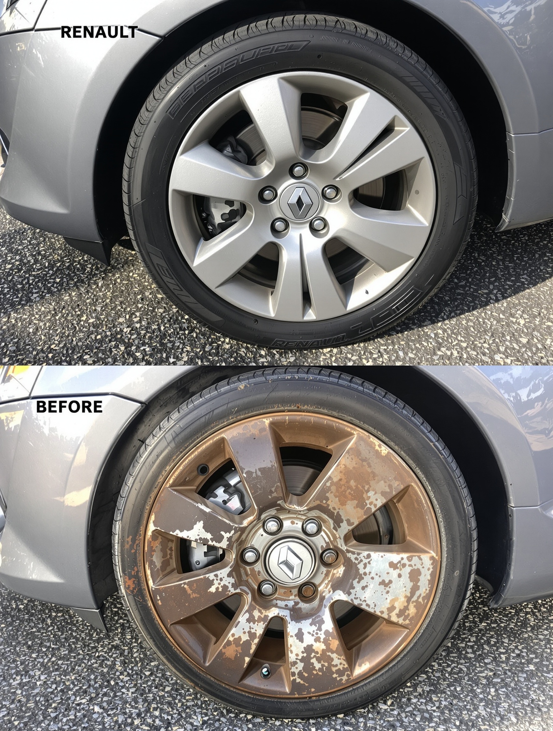 Comparatif visuel roue Renault avec enjoliveur d'origine vs sans enjoliveur.