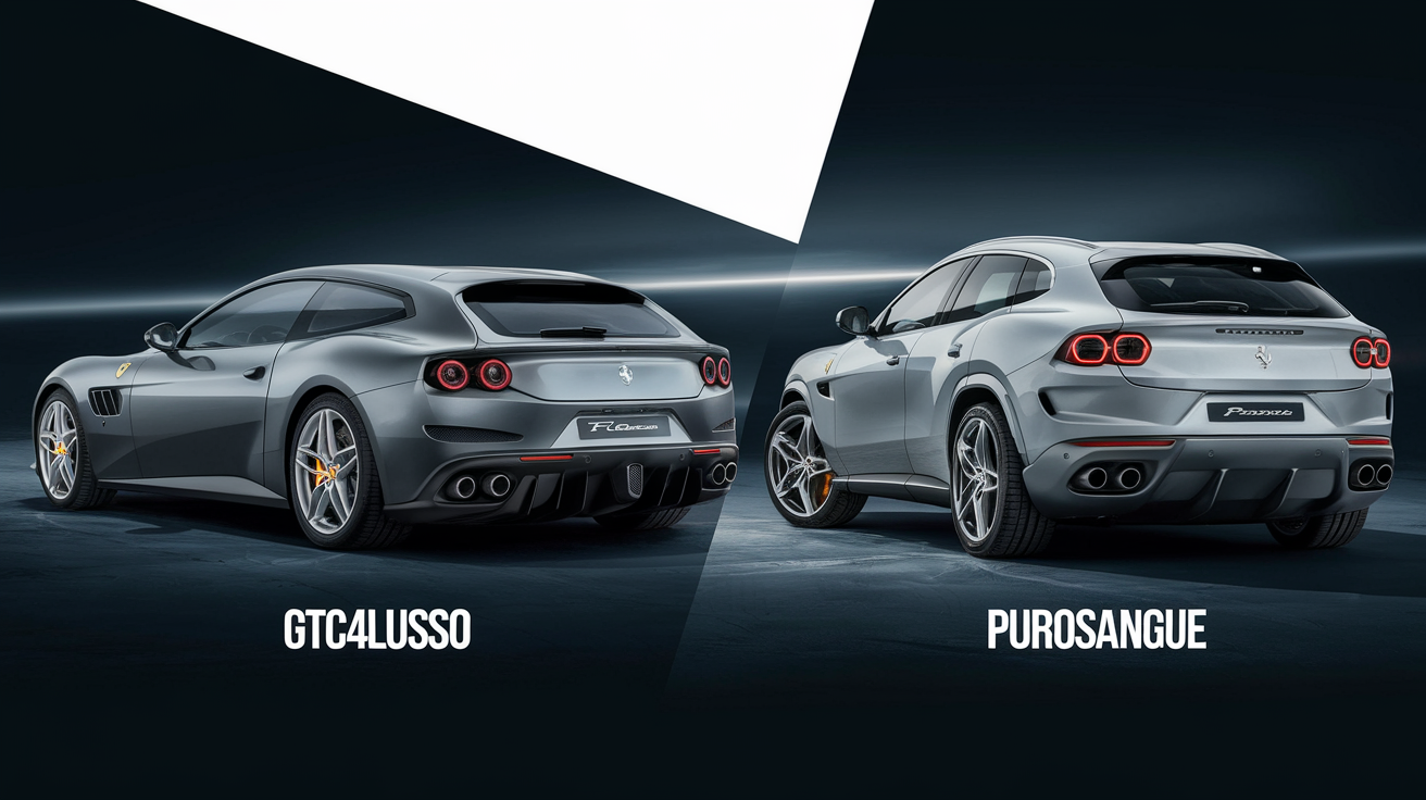Comparatif graphique stylisé des Ferrari GTC4Lusso et Purosangue vu de profil, illustrant la différence de carrosserie (break de chasse vs crossover), proportions sportives, quatre portes pour le Purosangue, trois pour la GTC4Lusso. Fond sombre, ambiance exclusive.