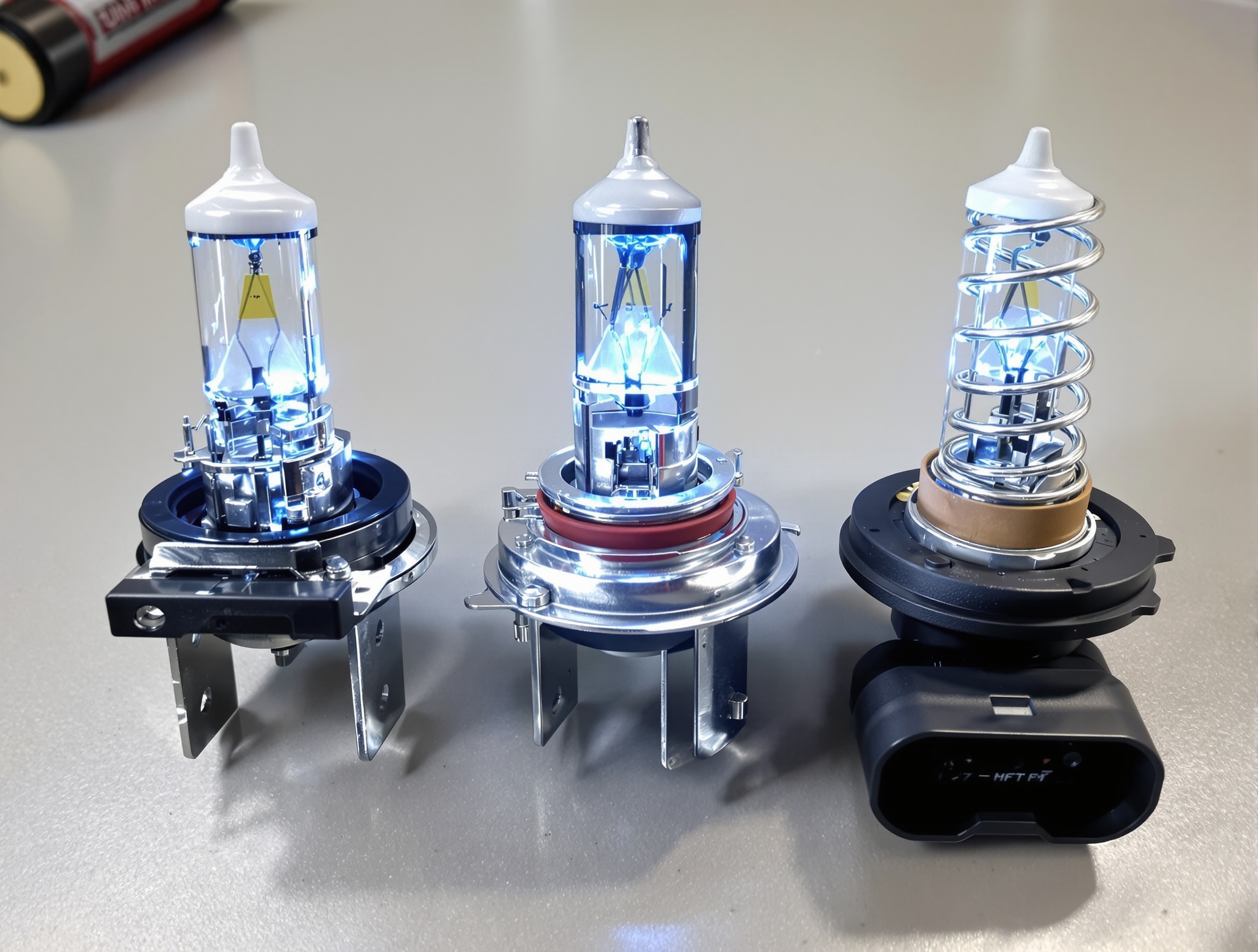 Comparatif photo : principaux systèmes de fixation ampoule H7 (clip métal, bague plastique, ressort)