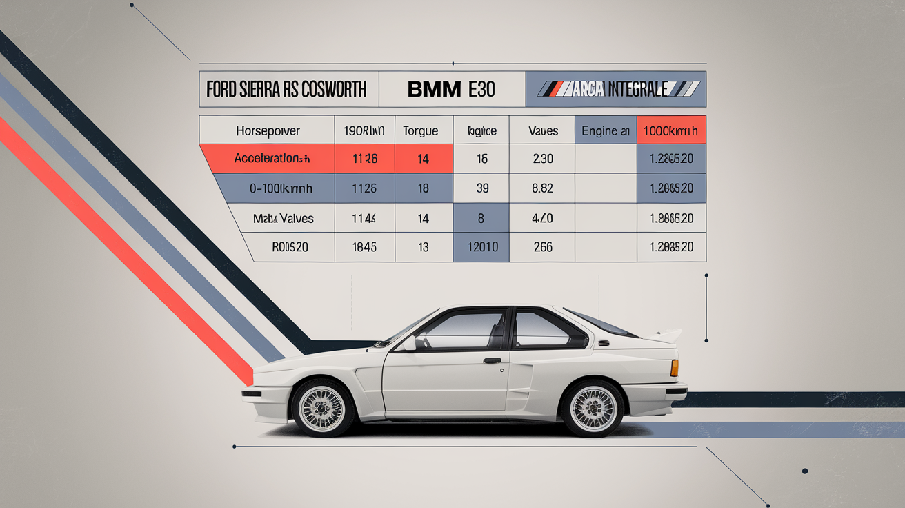 Tableau comparatif Ford Sierra RS Cosworth BMW M3 E30 Lancia Delta Integrale