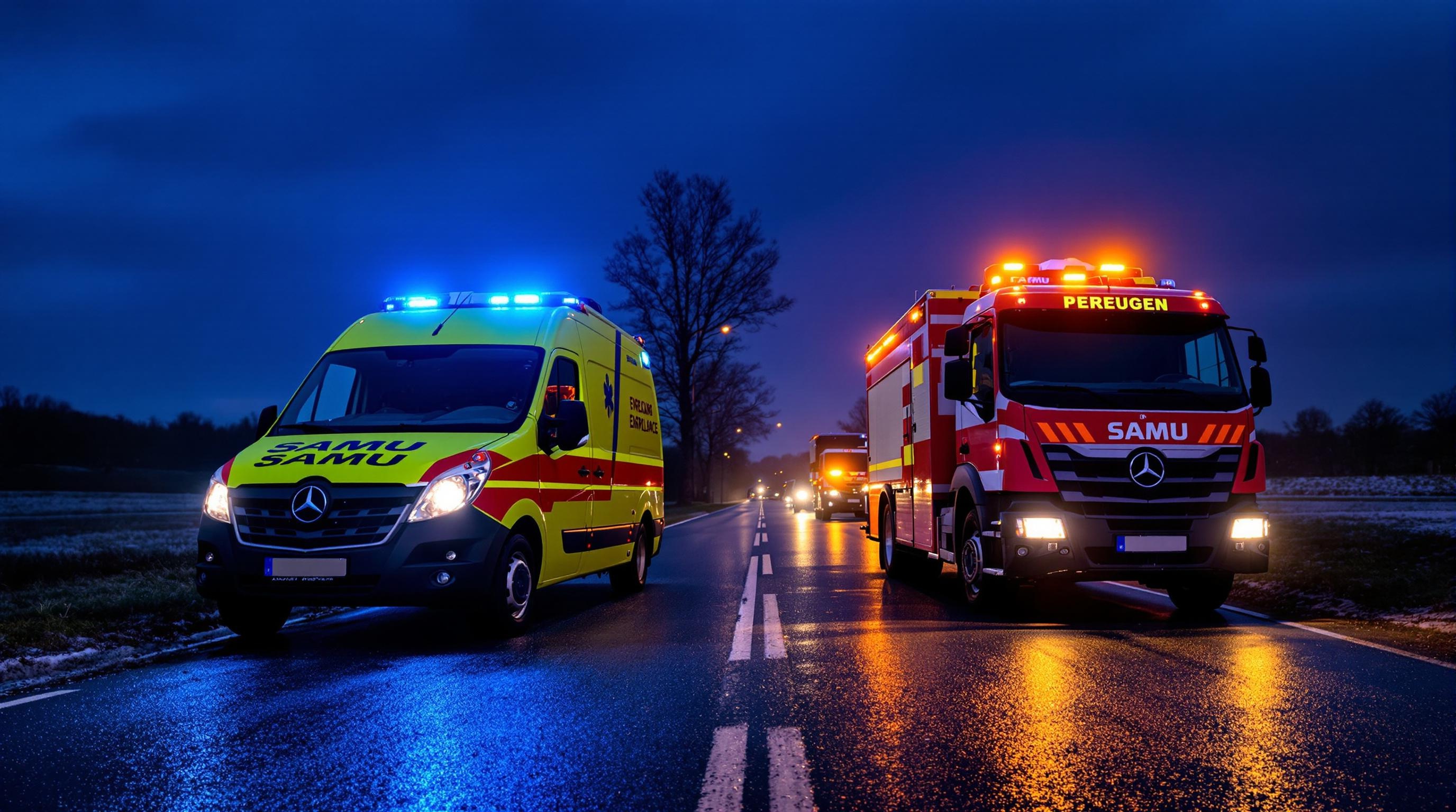 Comparatif visuel entre gyrophare bleu d’une ambulance SAMU et gyrophare orange d’un véhicule de service hivernal sur route départementale humide au crépuscule.