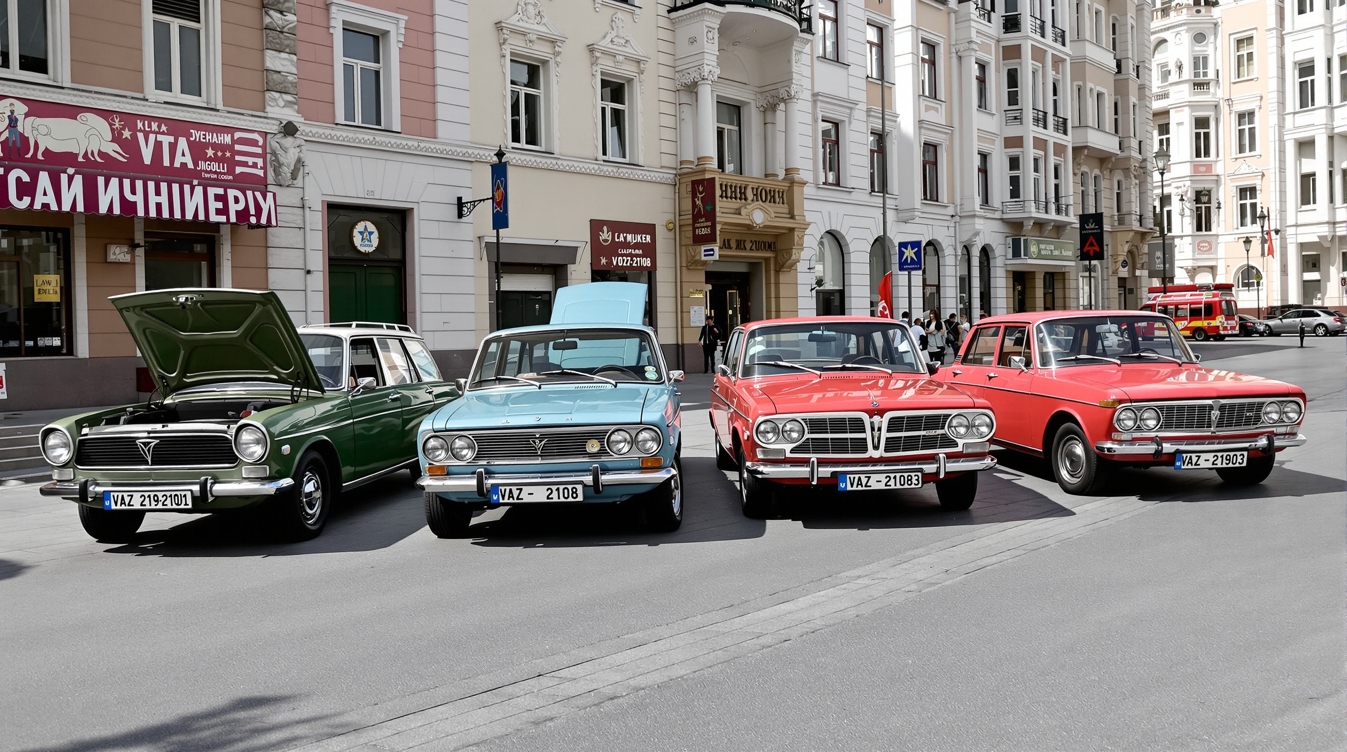 Comparatif visuel Lada Jigouli : Kopeika berline sobre / break volumineux / version luxe chromée / style modernisé.