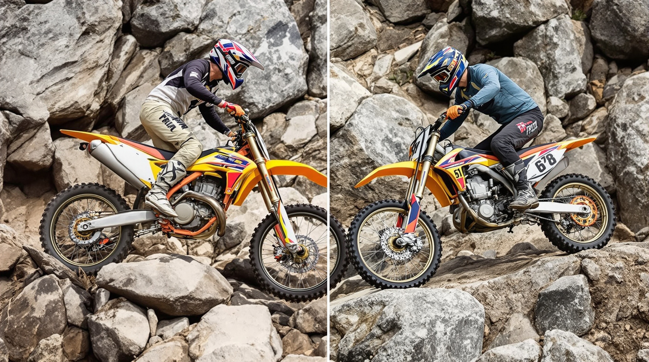 Comparatif visuel d'une moto de trial 4 temps Montesa Cota 4RT et d'une moto 2 temps sur une zone technique