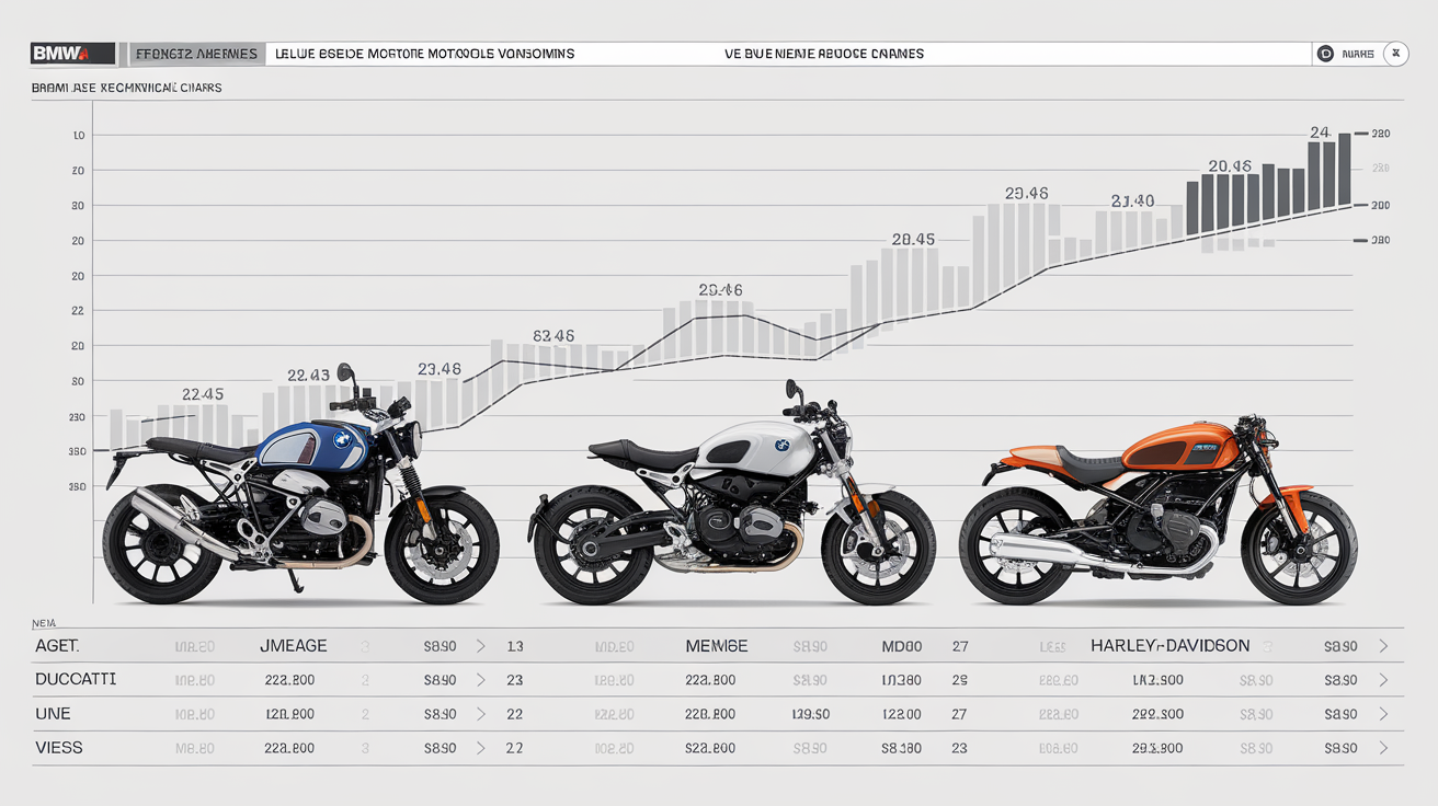 Comparatif graphique motos occasion âge kilométrage valeur BMW Yamaha Ducati Harley-Davidson
