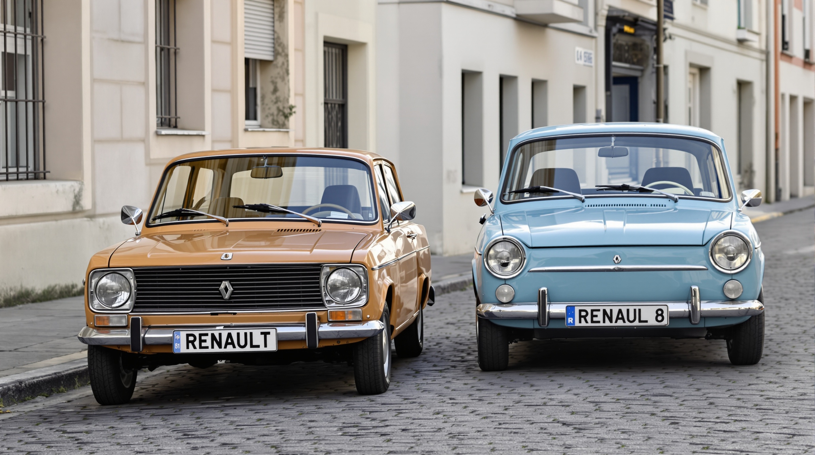 Comparaison visuelle entre la Renault 10 et la Renault 8 : châssis plus long et phares rectangulaires sur la R10, contrastant avec le style compact et les phares ronds de la R8.