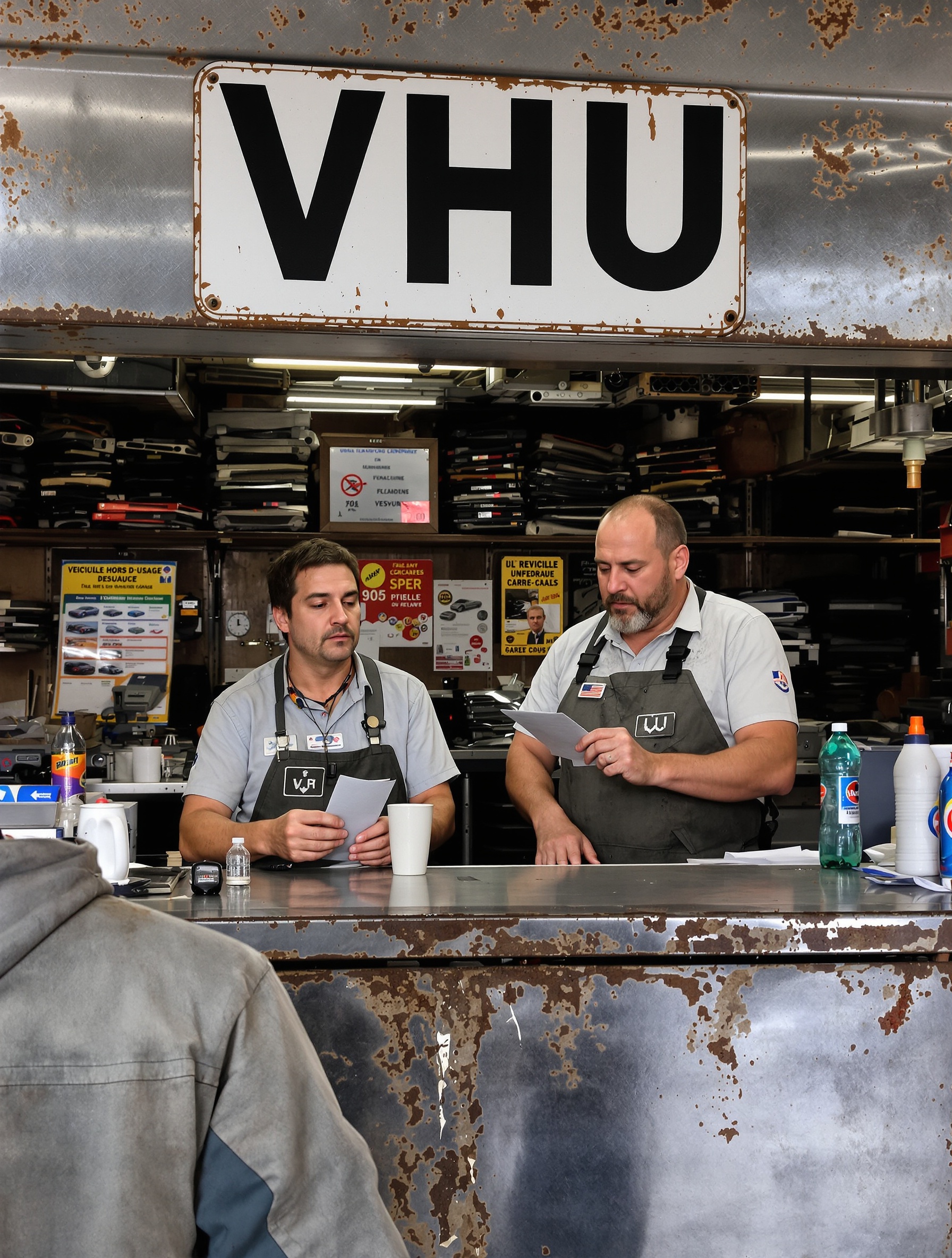 comptoir d'une vraie casse auto avec panneau Agrément VHU