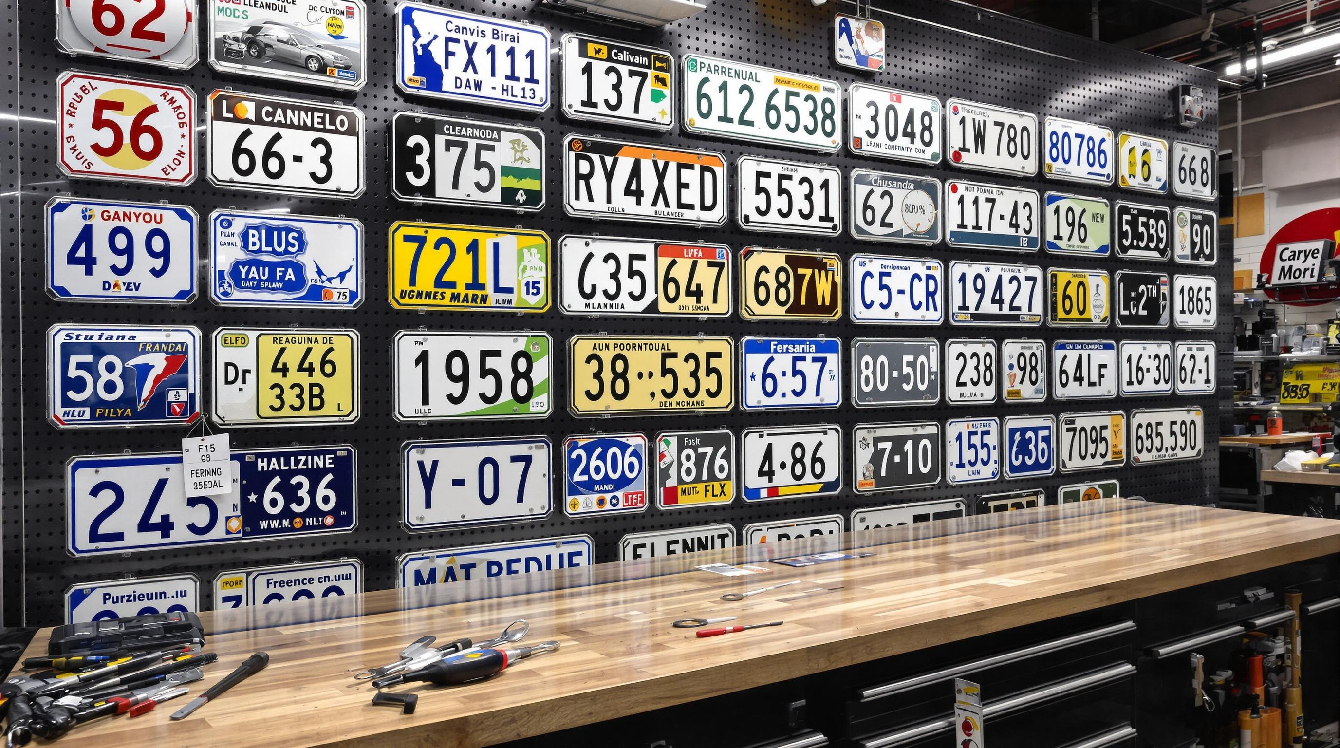 Comptoir magasin moto avec mur de plaques homologuées France