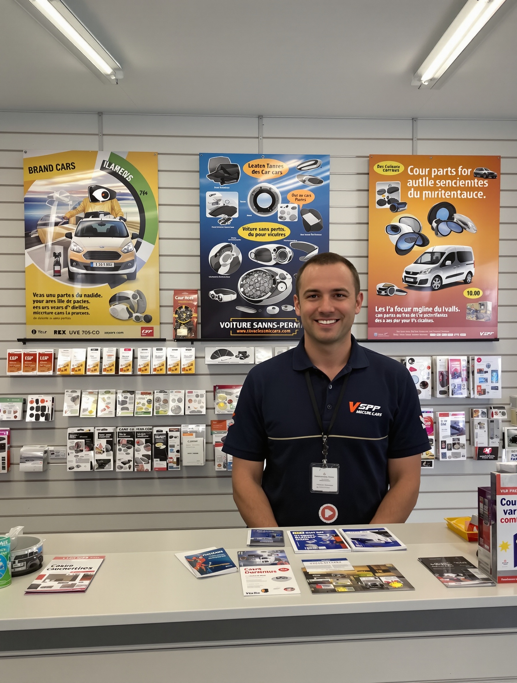 Comptoir d'un magasin de pièces pour voiture sans permis avec un vendeur spécialisé