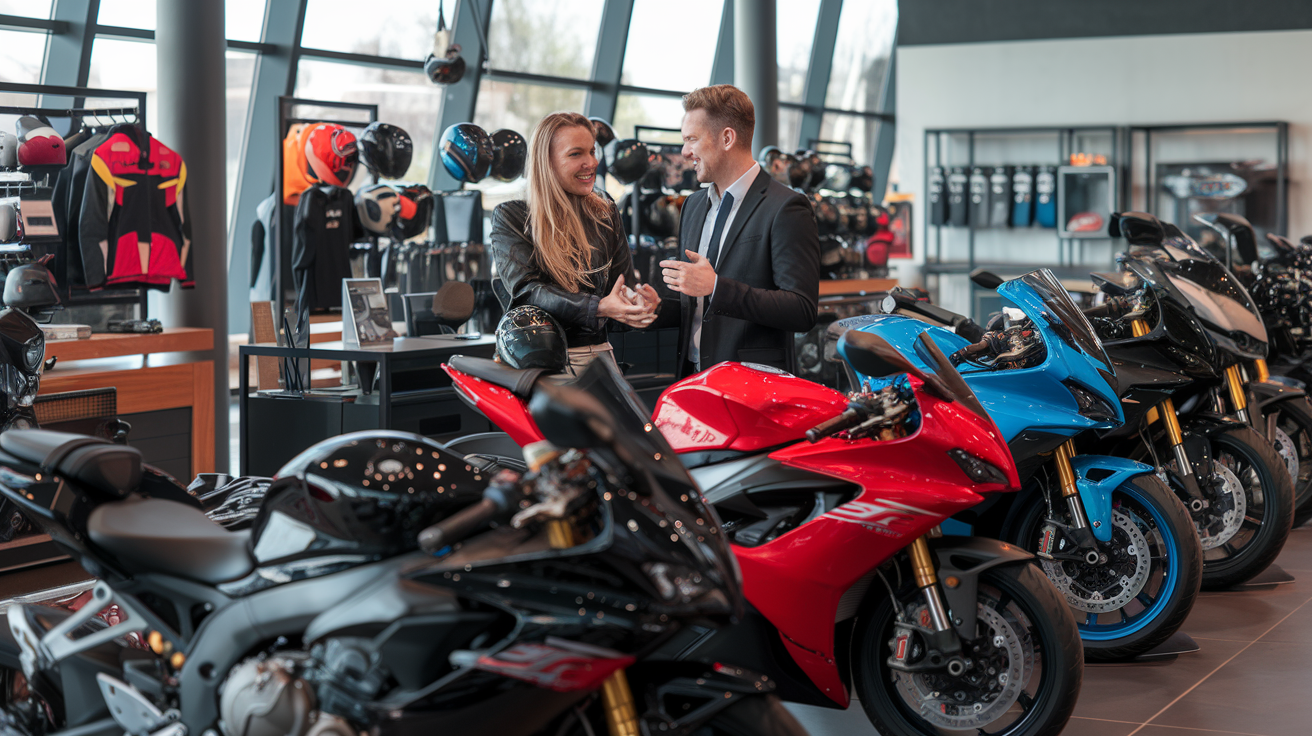 Un vendeur moto échange avec un client dans une concession moderne.