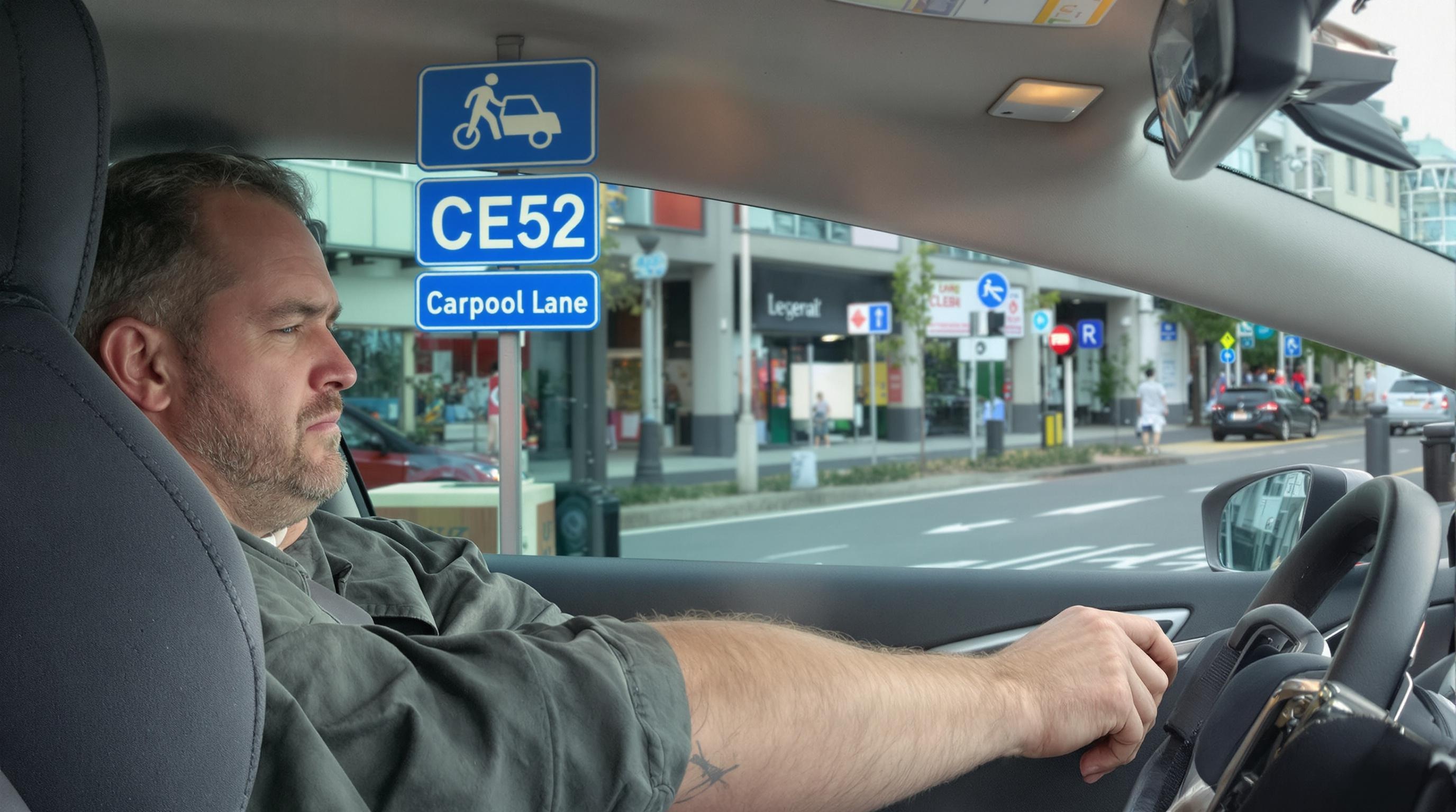 Conducteur seul et dépité devant un panneau CE52
