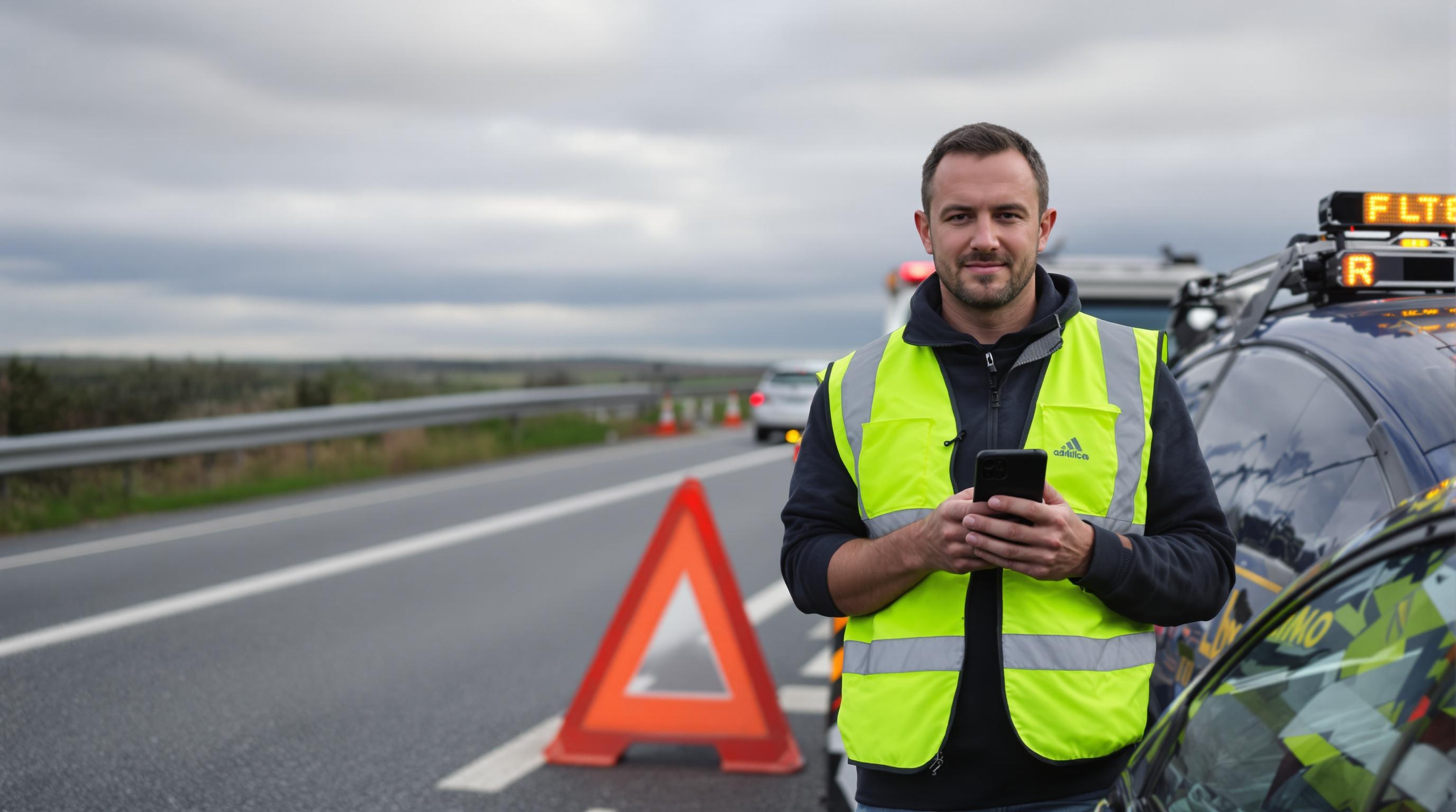 Attente de la dépanneuse avec équipements obligatoires : smartphone, gilet, triangle
