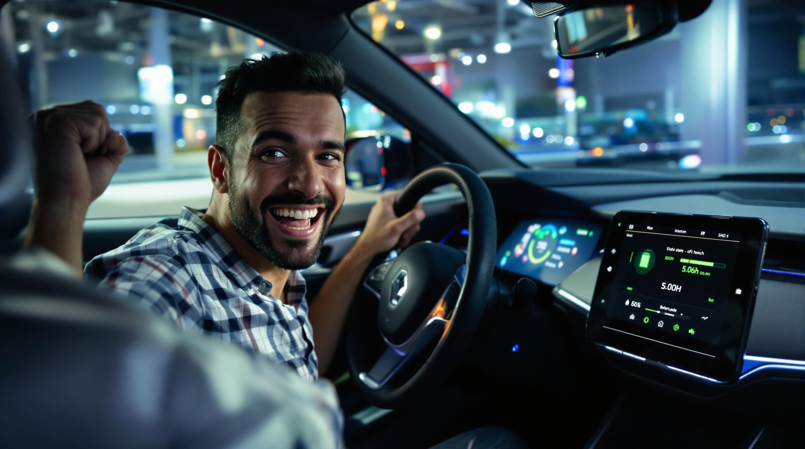 Conducteur célébrant un SOH élevé sur un véhicule électrique Renault, ambiance euphorique