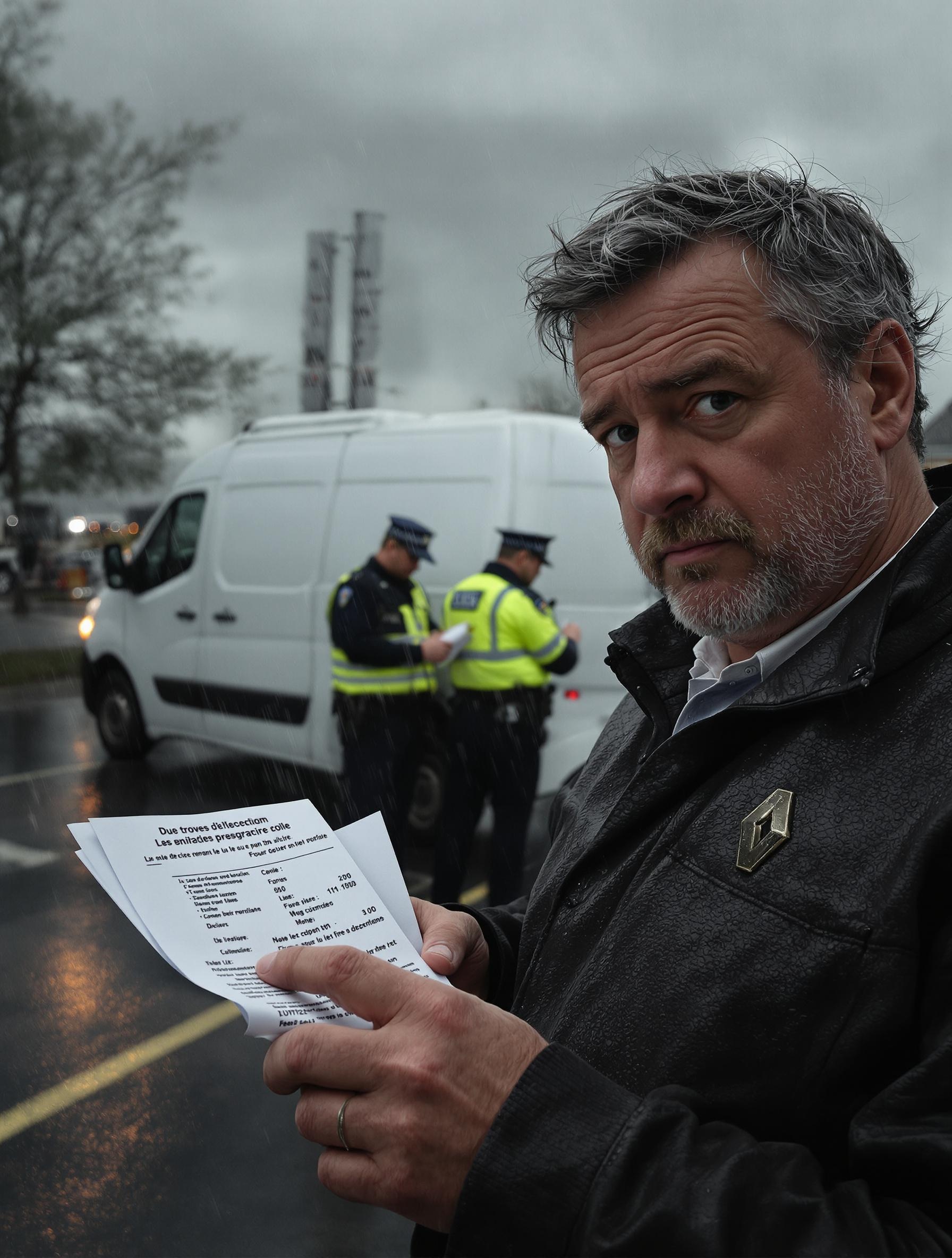 Conducteur stressé lors d’une verbalisation sous la pluie avec un utilitaire Renault