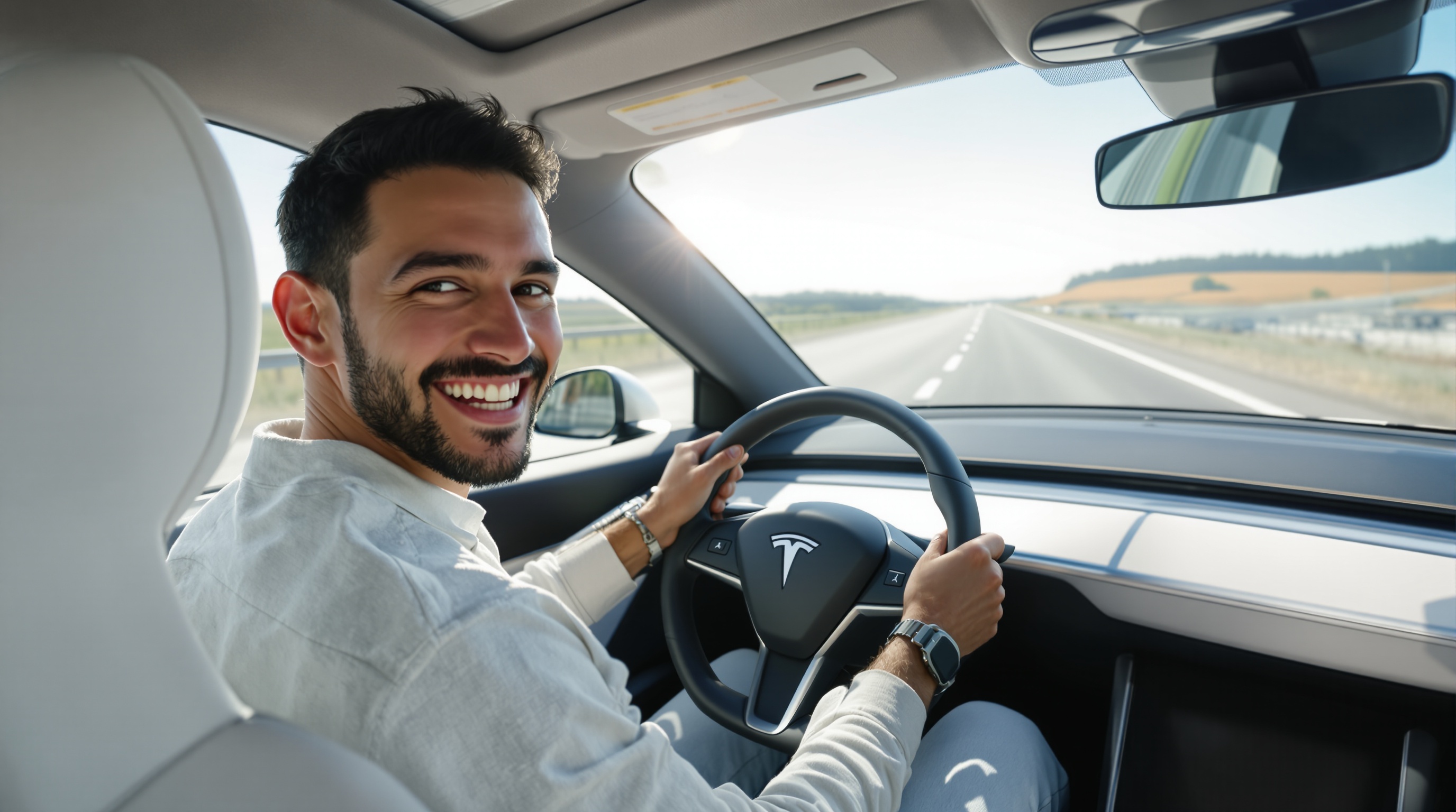 Conducteur Tesla heureux sur la route