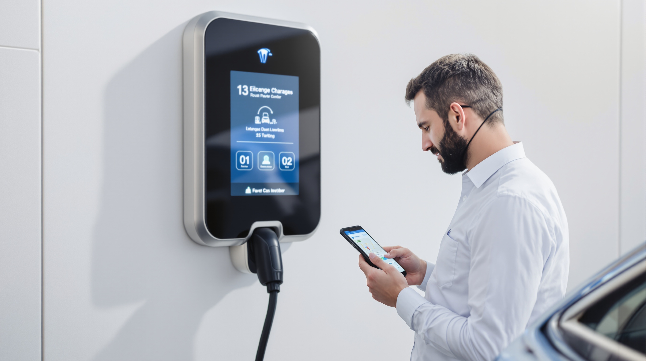 Conducteur utilisant une application de planification devant une borne moderne