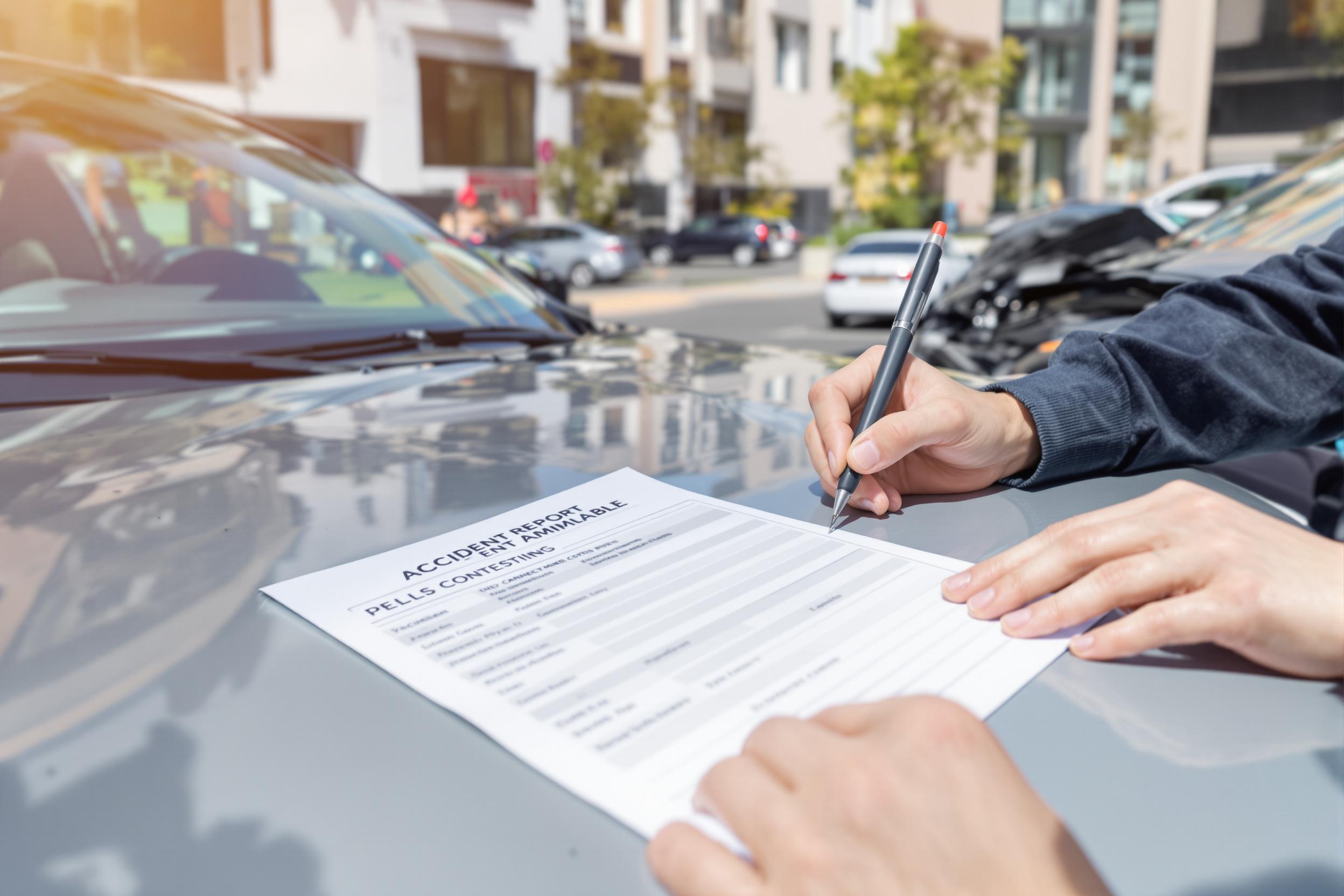 Deux automobilistes remplissant un constat amiable après une collision mineure