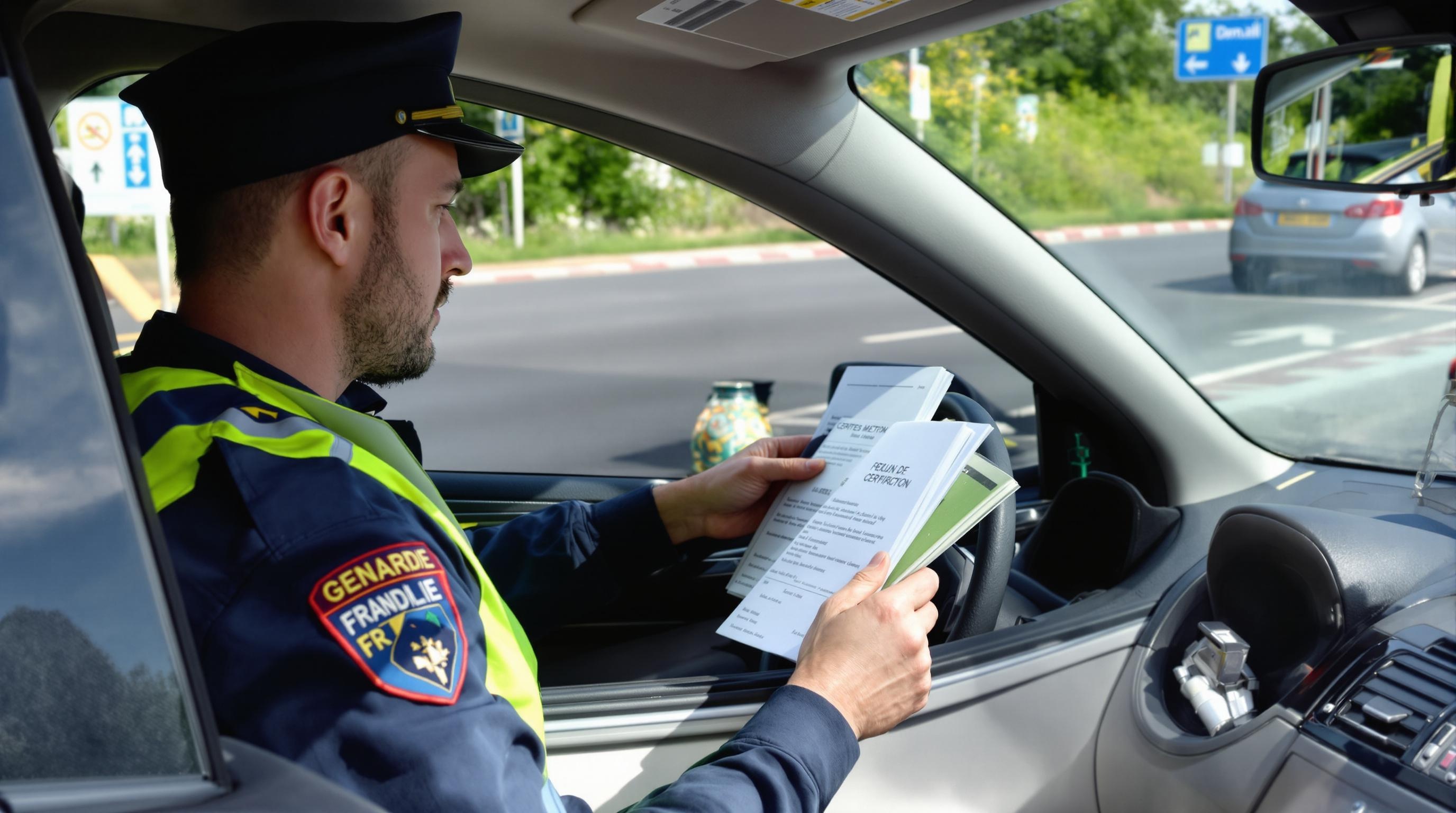 Contrôle routier gendarme vérifie papiers véhicule
