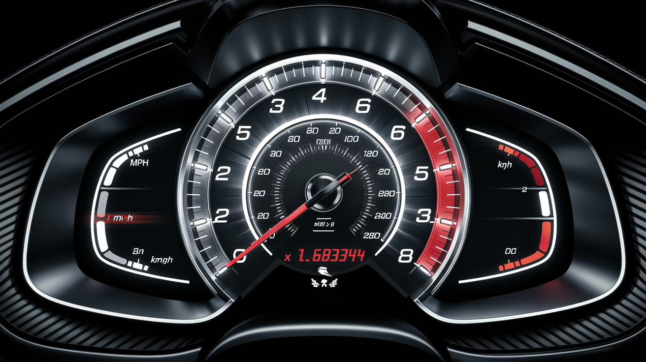 Compteur auto affichant mph et km/h avec facteur 1.609344 mis en évidence